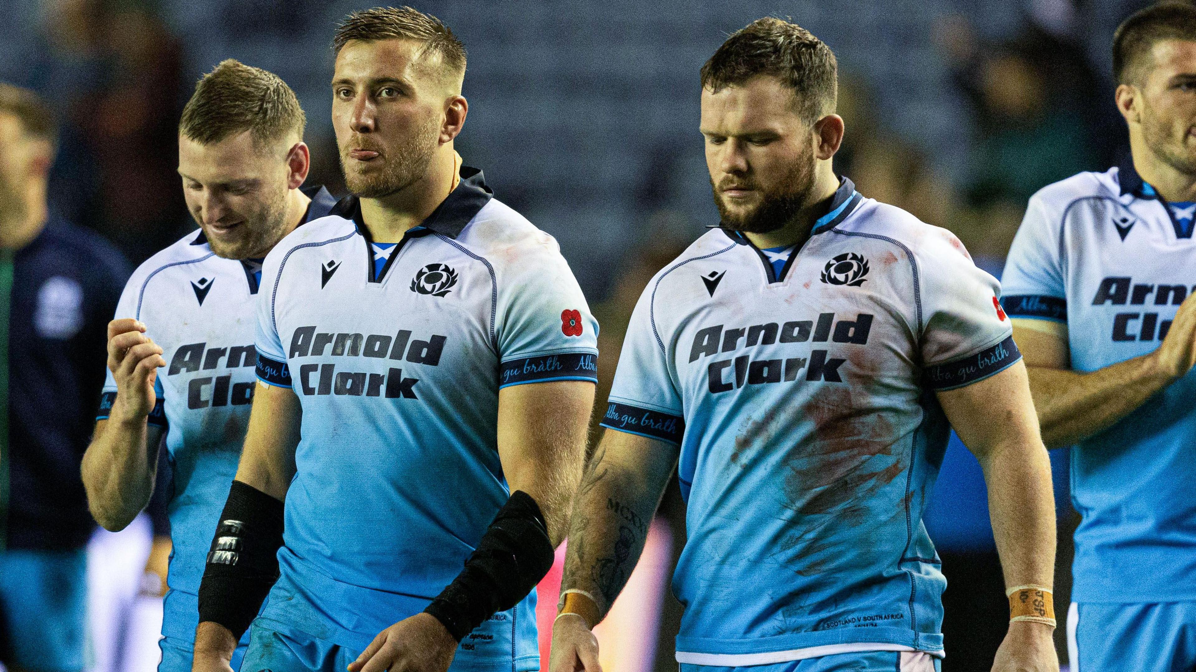 Scotland's Matt Fagerson (L) and Ewan Ashman look dejected at full time during The Famous Grouse Nations Series match between Scotland and South Africa at Scottish Gas Murrayfield