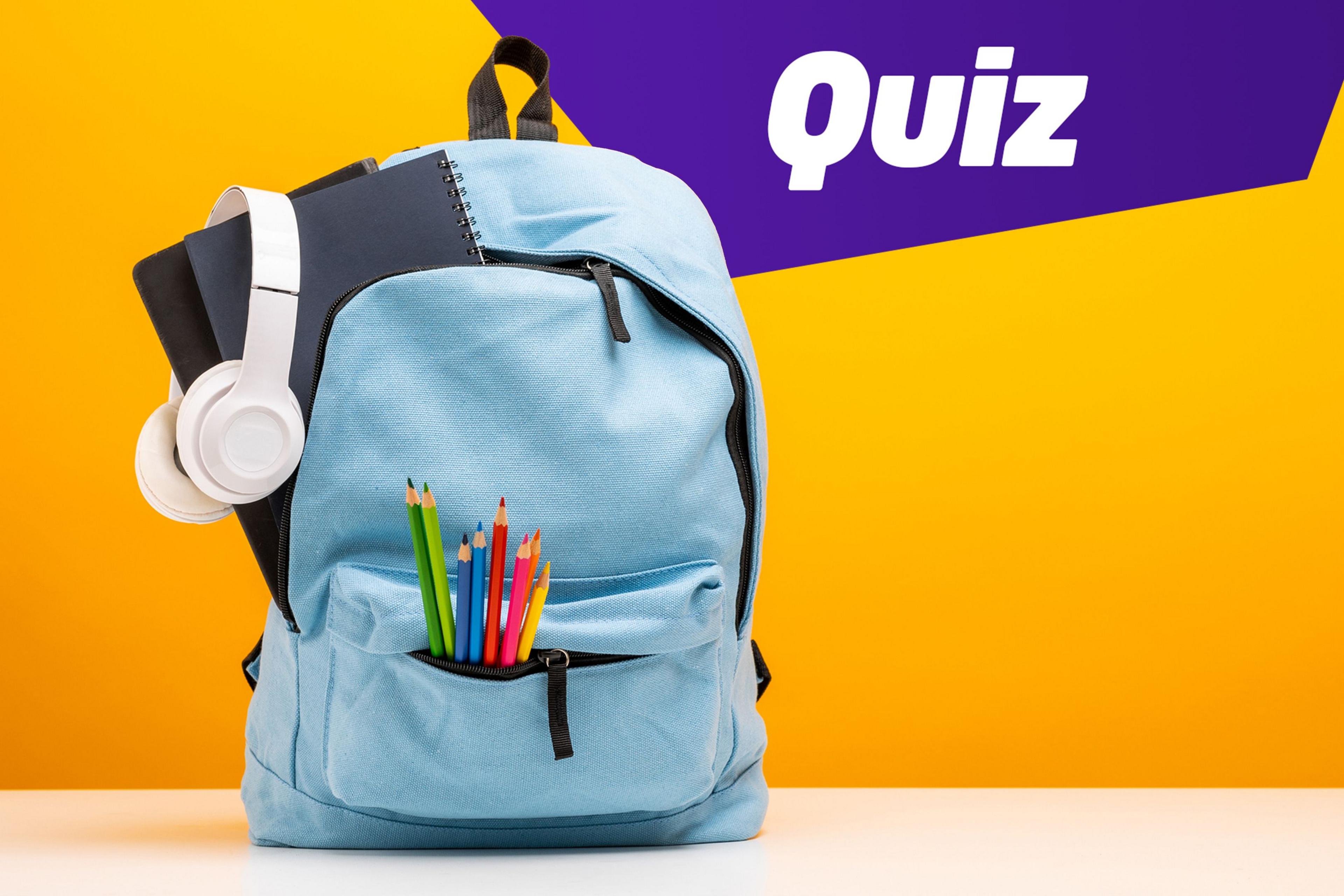 image of a backpack with colourful pencils sticking out the front pocket and a pair of headphones and a notebook out the back pocket against a plain background