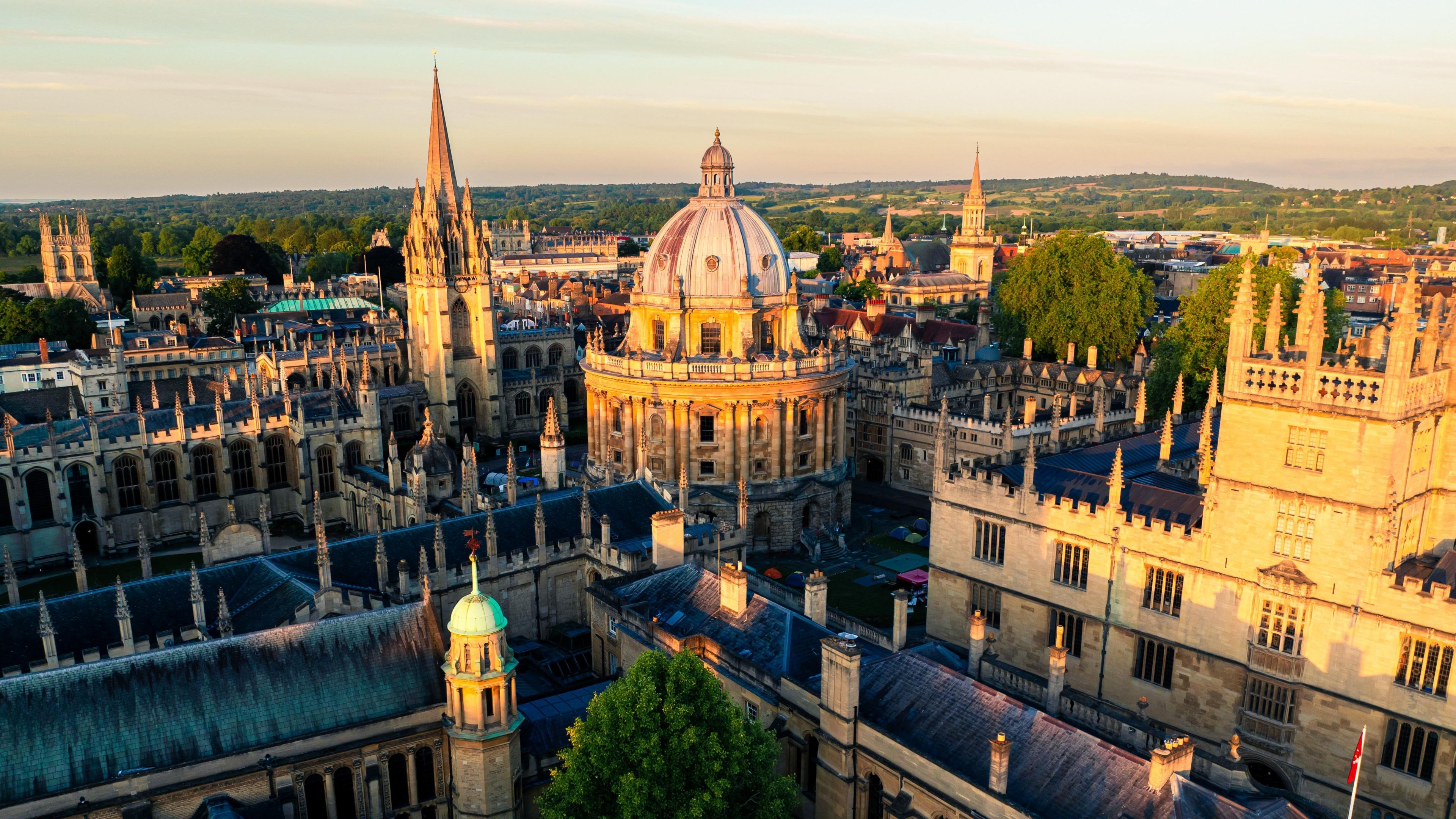 An aerial view of Oxford city with the Radcliffe Camera in the centre of the shot