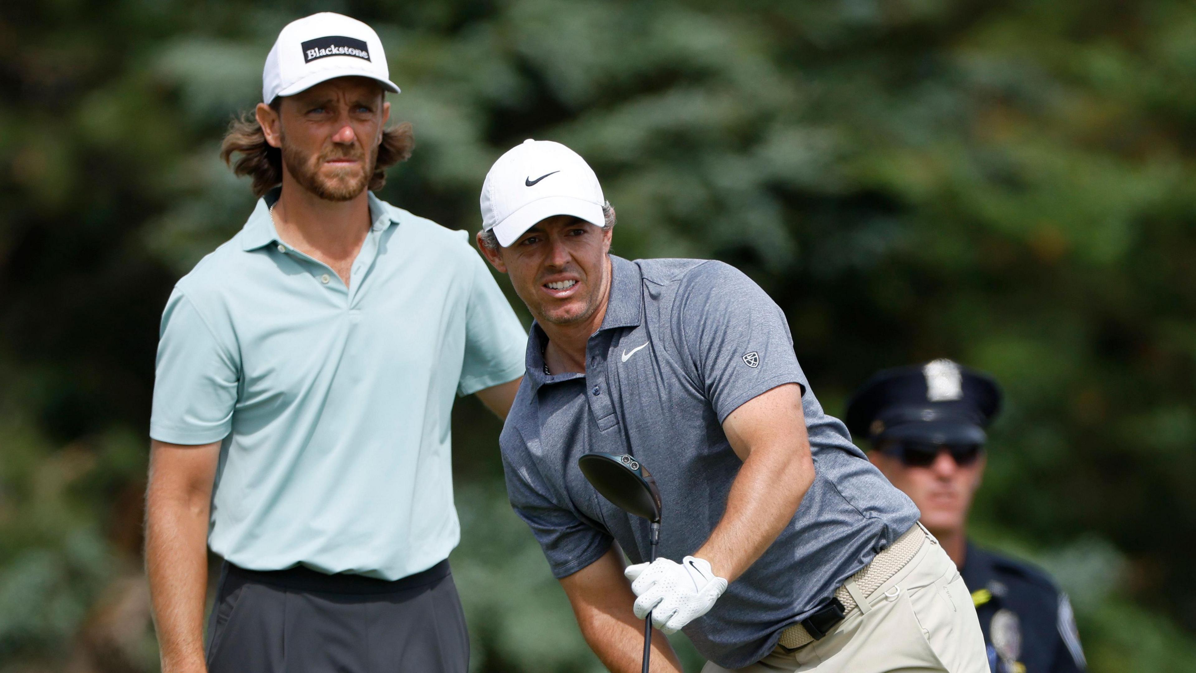 Tommy Fleetwood and Rory McIlroy pictured together during the second round of the US Open at Shinnecock Hills