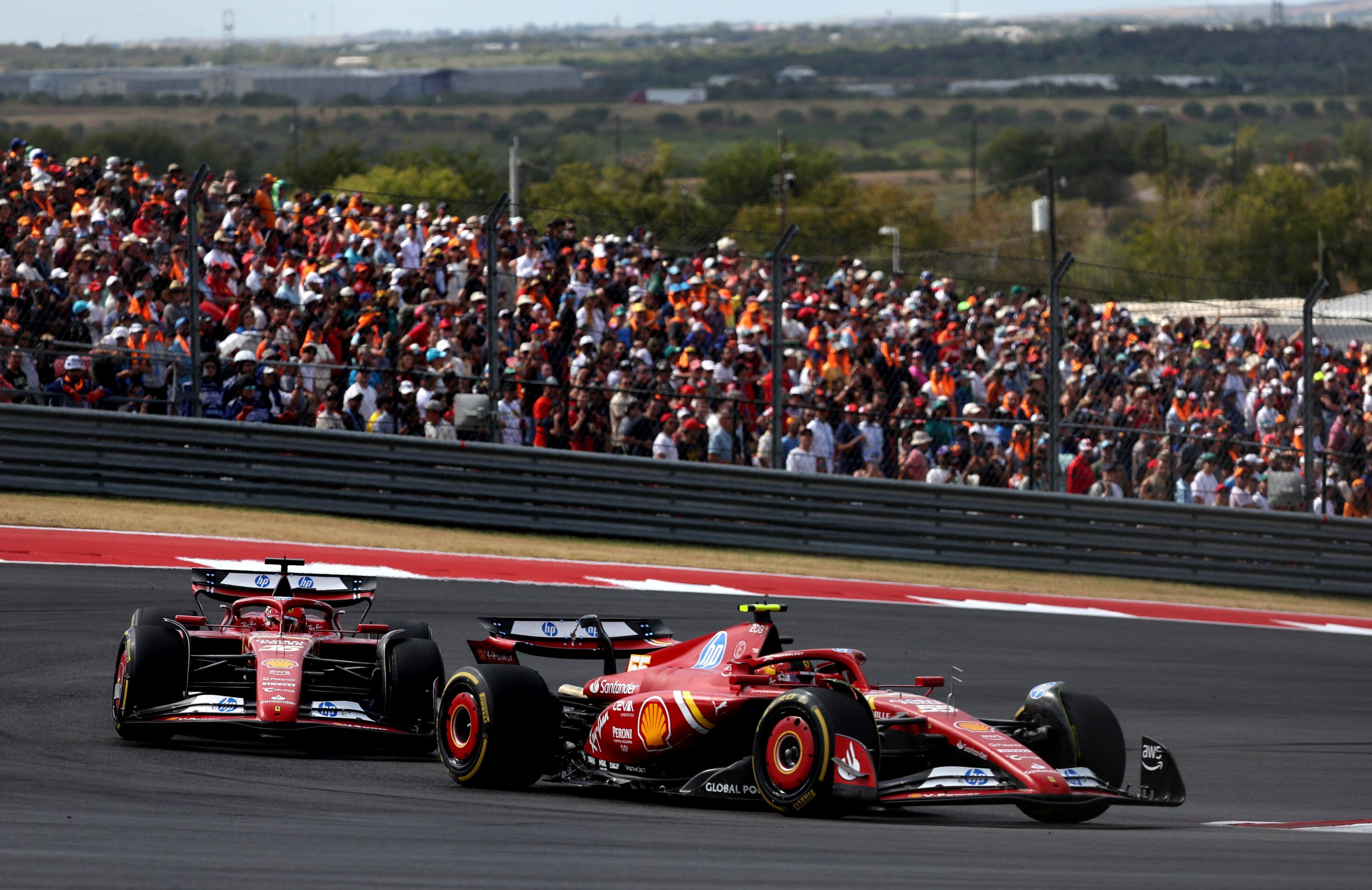 Carlos Sainz leads Ferrari team-mate Charles Leclerc during the US Grand Prix sprint