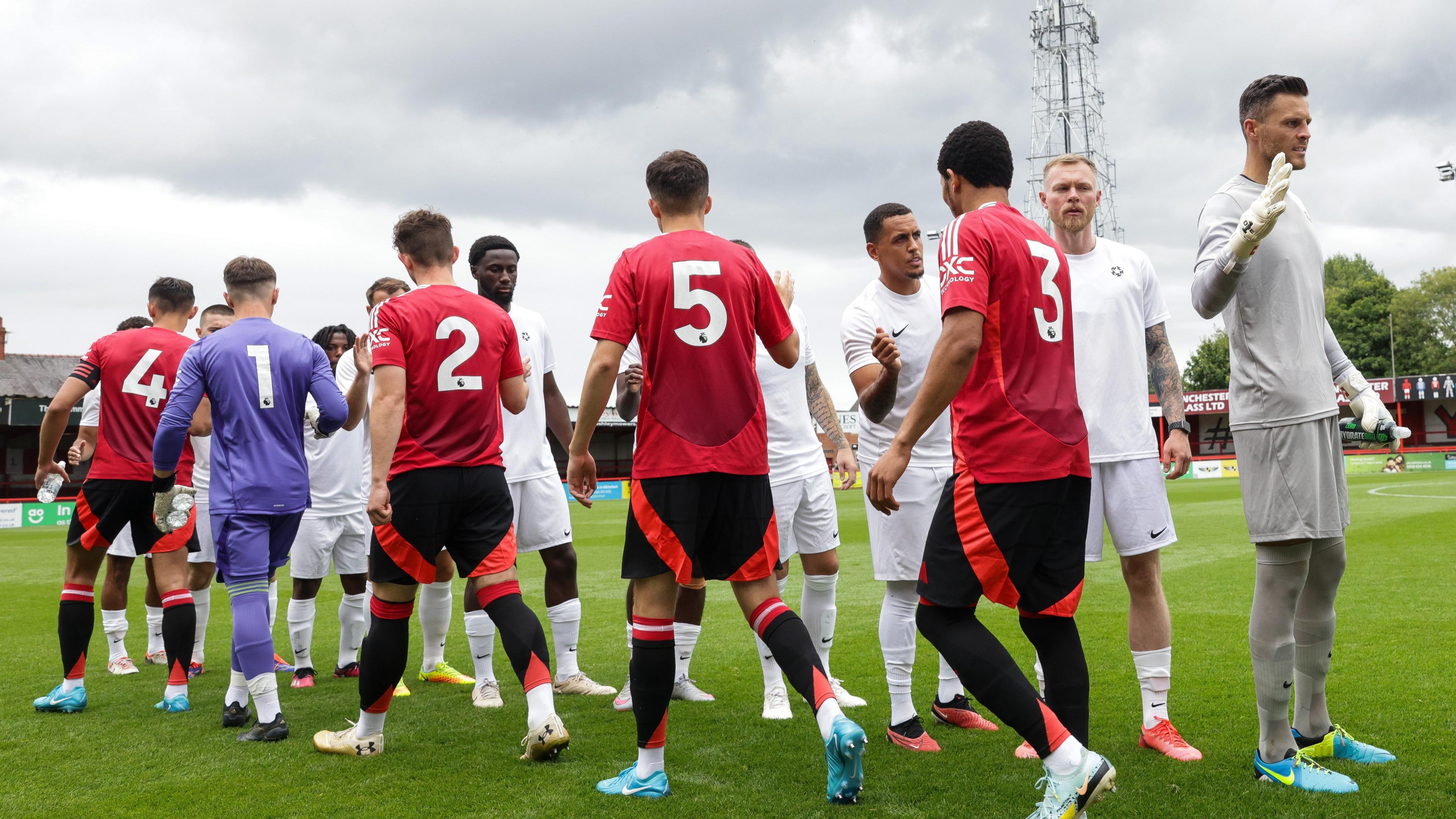 (Right to left) Goalkeeper Jayson Leutwiler, Aiden O'Brien, Ravel Morrison and Jean Belehouan before a game against Man Utd Under-21s in Altrincham