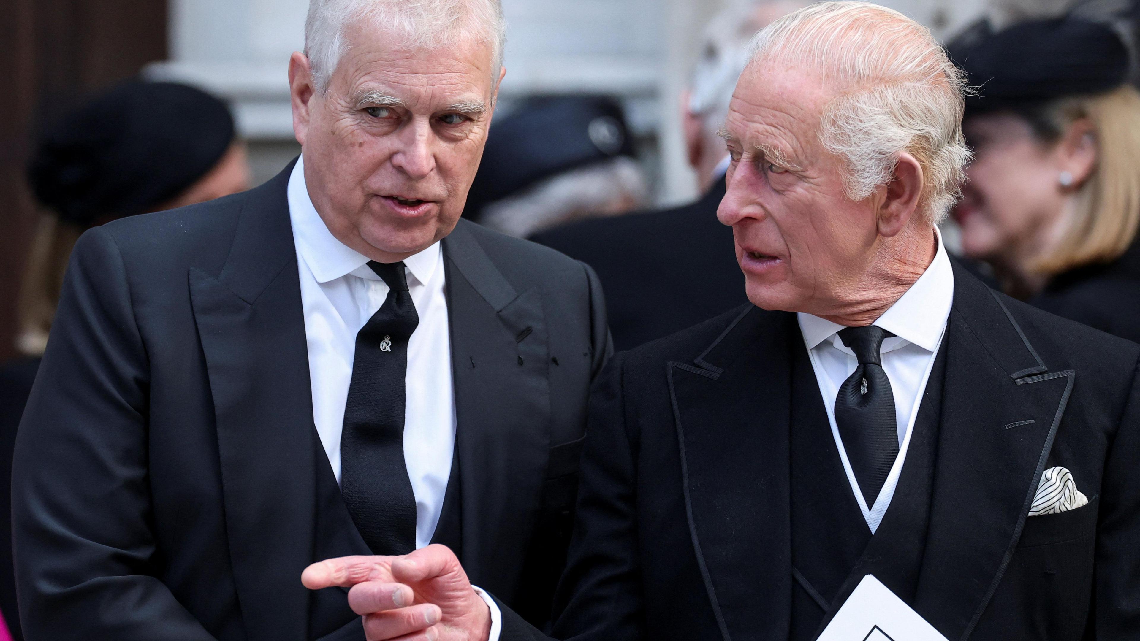 Prince Andrew and King Charles, dressed in black mourning clothes, at the funeral of the Duchess of Kent