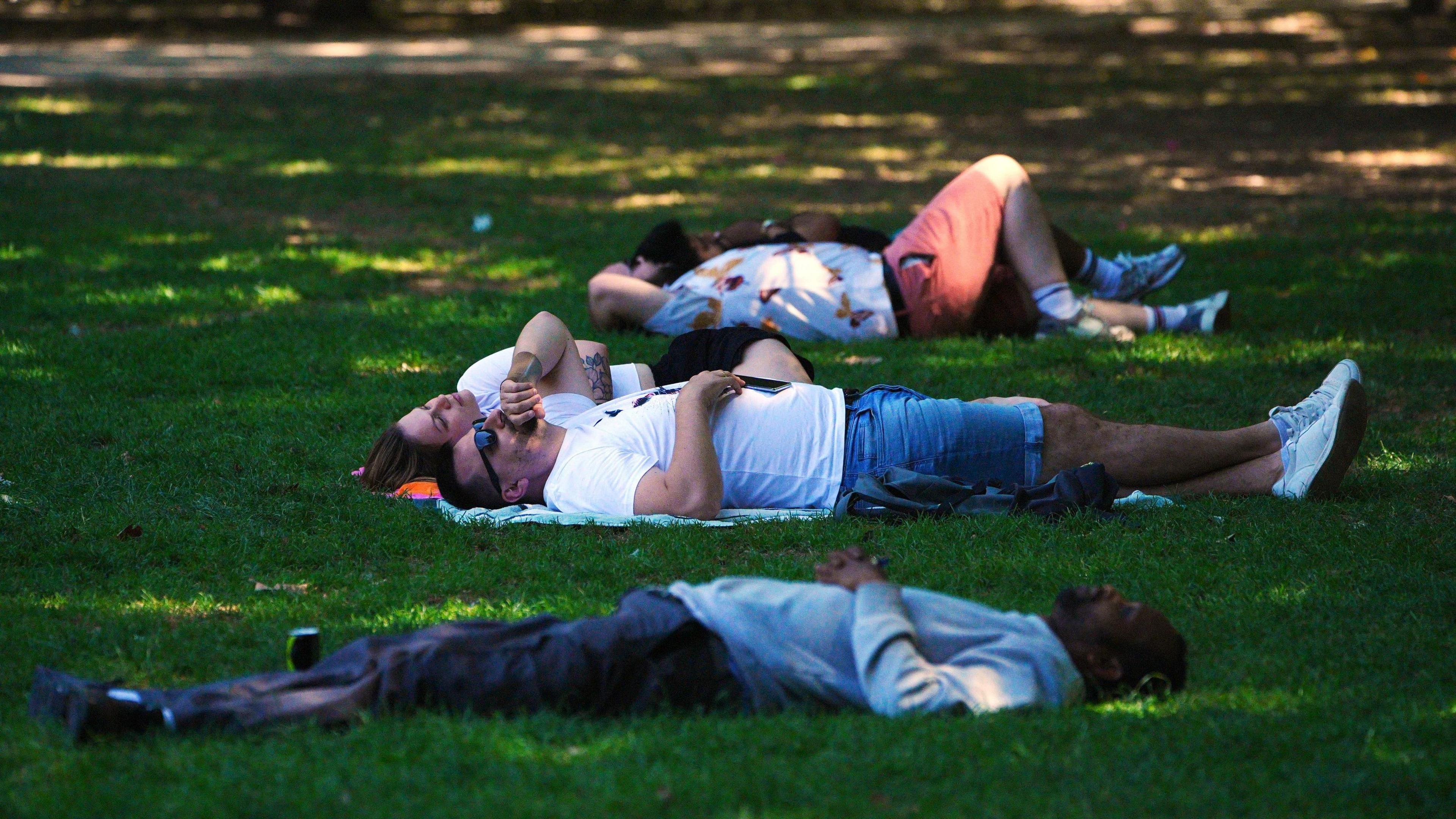 People laying on the grass in the sun during a recent heatwave.