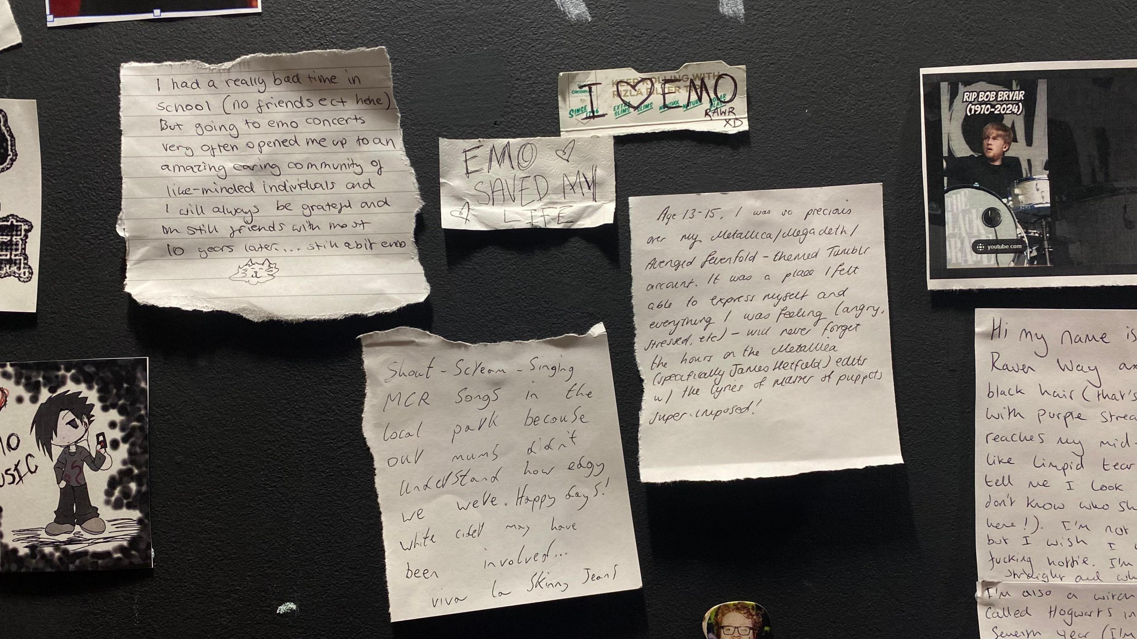 An image of personal notes on the memory wall. One reads emo saved my life and another says I love emo Rawr XD. 