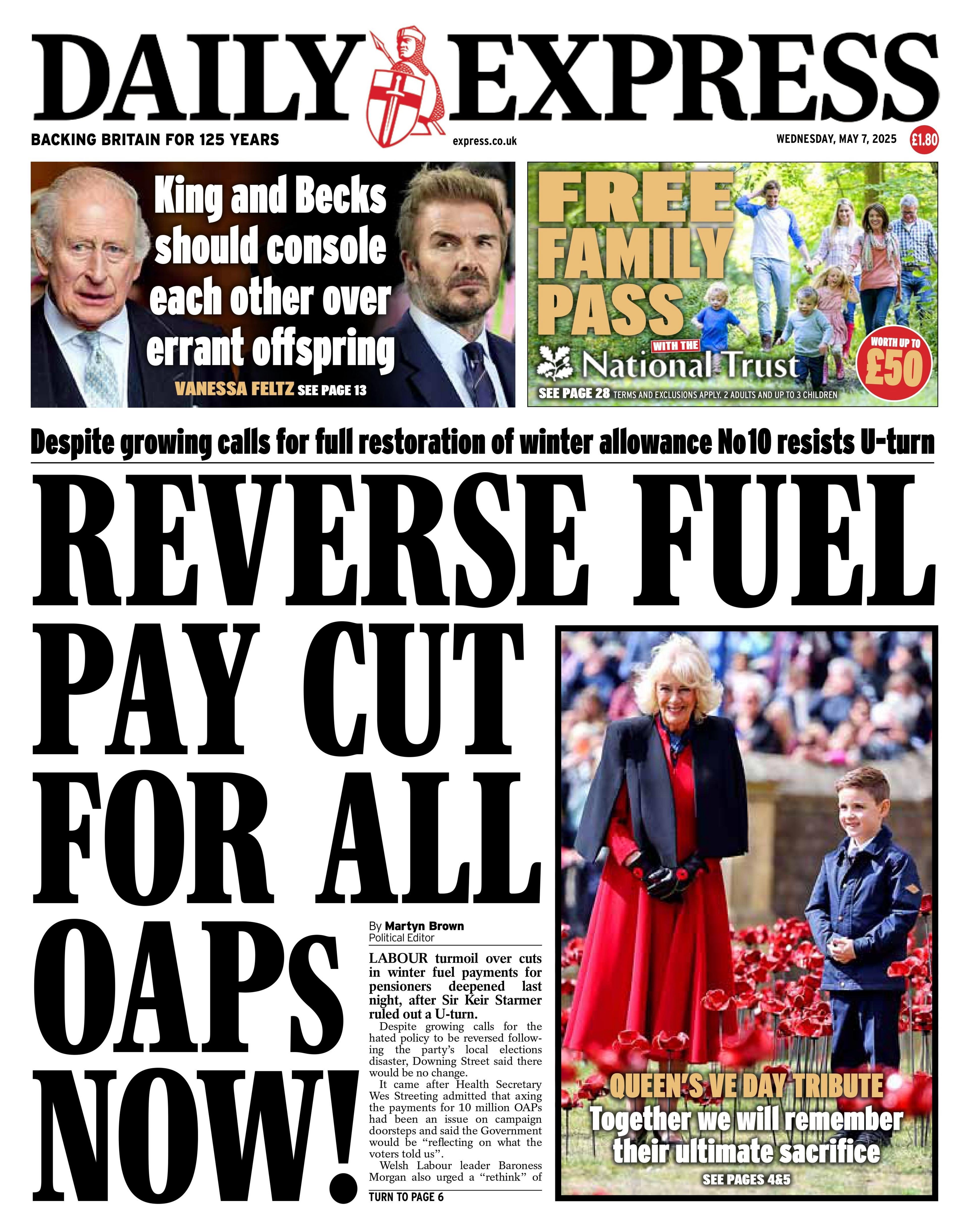 The headline on the front page of the Daily Express reads: "Reverse fuel pay cut for all OAPs now!"