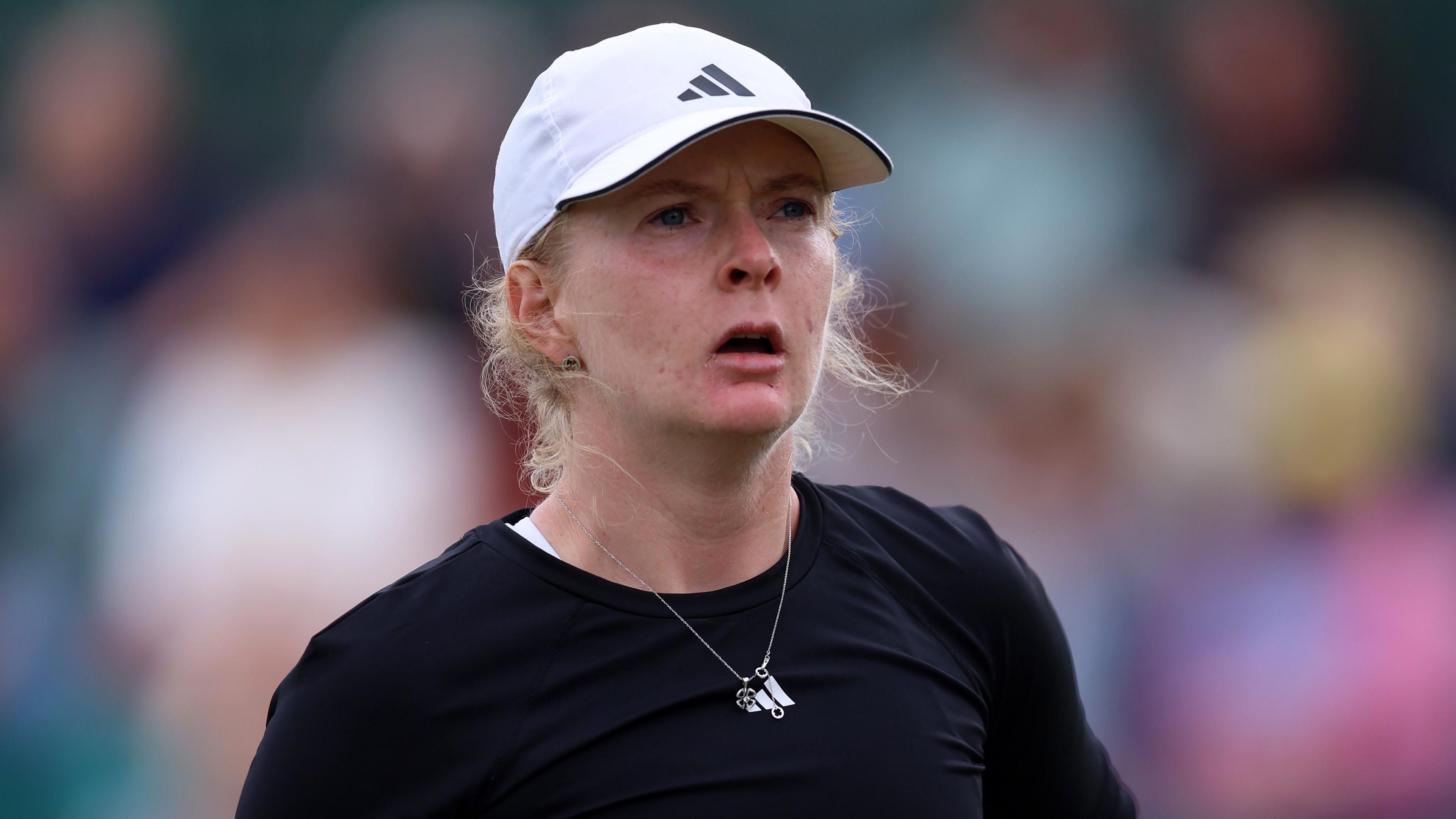 Francesca Jones reacts to a point
