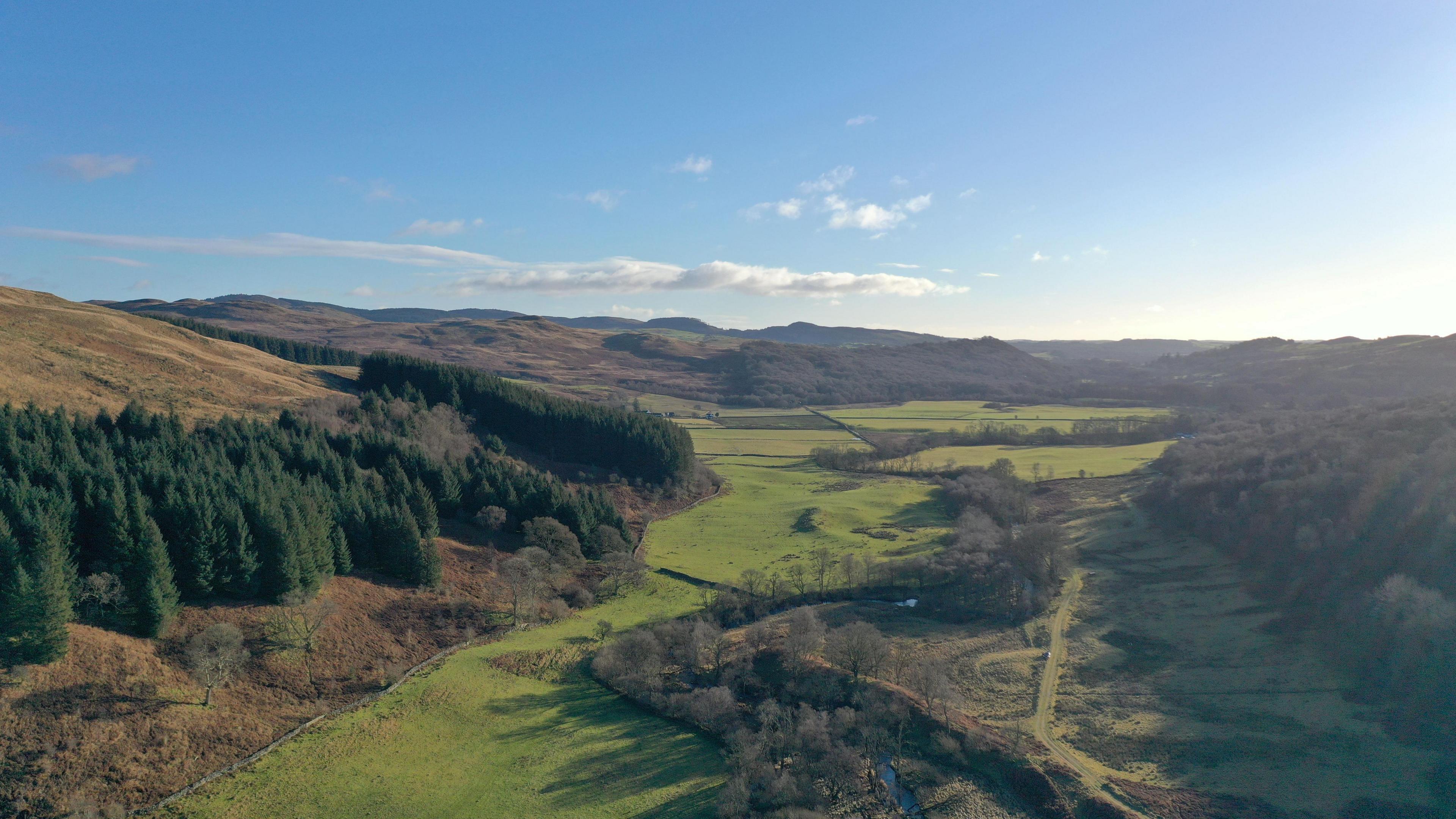 The rolling hillside of Galloway viewed from above with trees and large fields