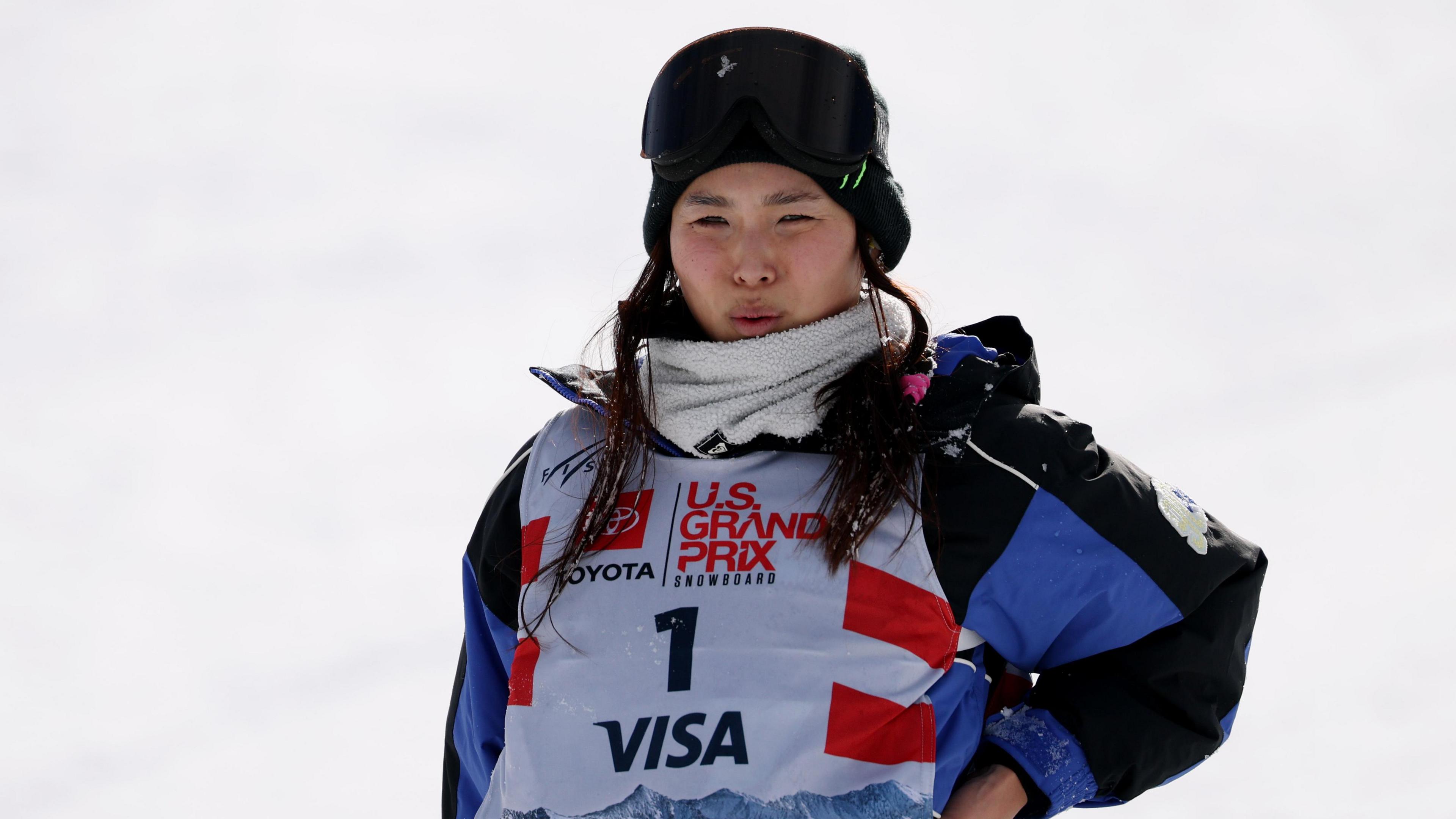 Chloe Kim of the United States reacts to an injury sustained during training prior to competing in the Women's Snowboard Halfpipe Finals during the Toyota US Grand Prix 2025 at Copper Mountain