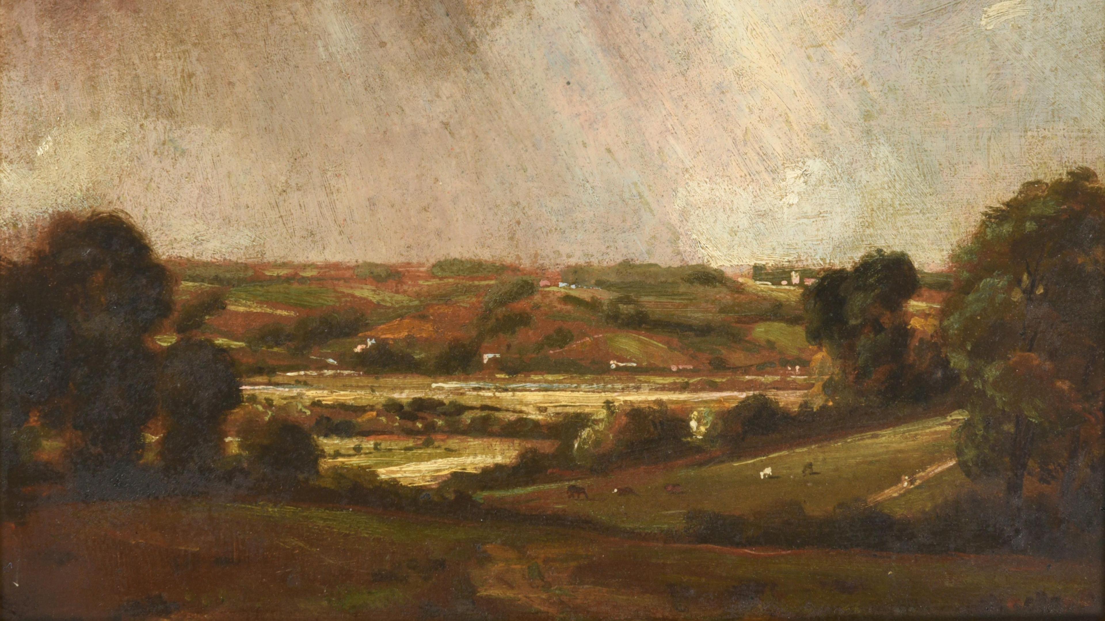 A painting of a British countryside landscape done with greens, browns and greys.