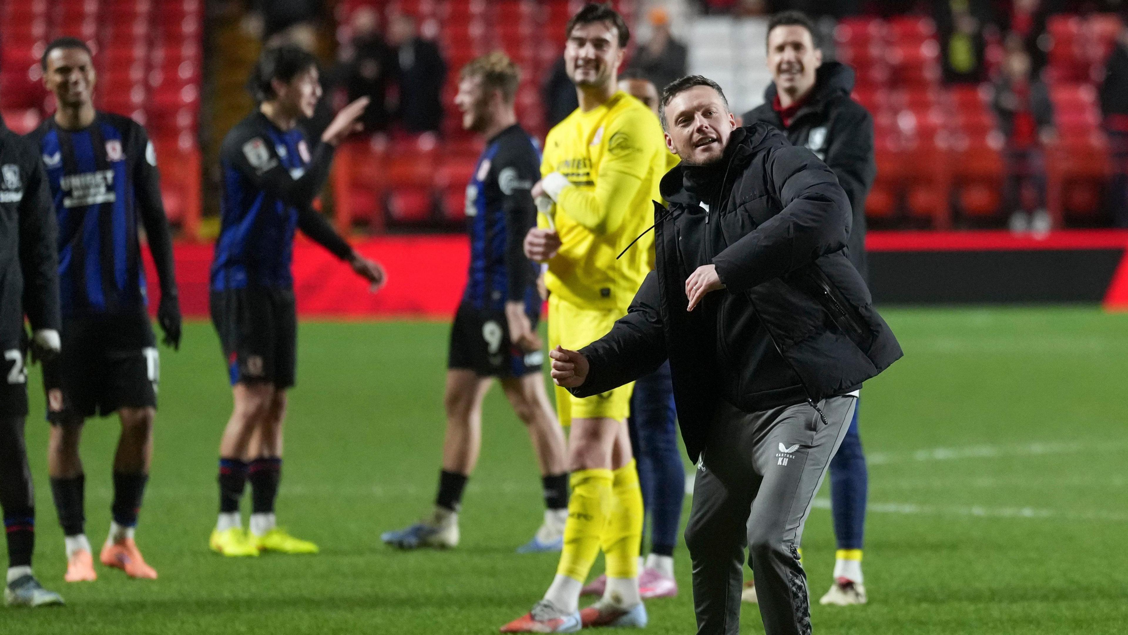 Kim Hellberg celebrates in front of the Middlesbrough fans