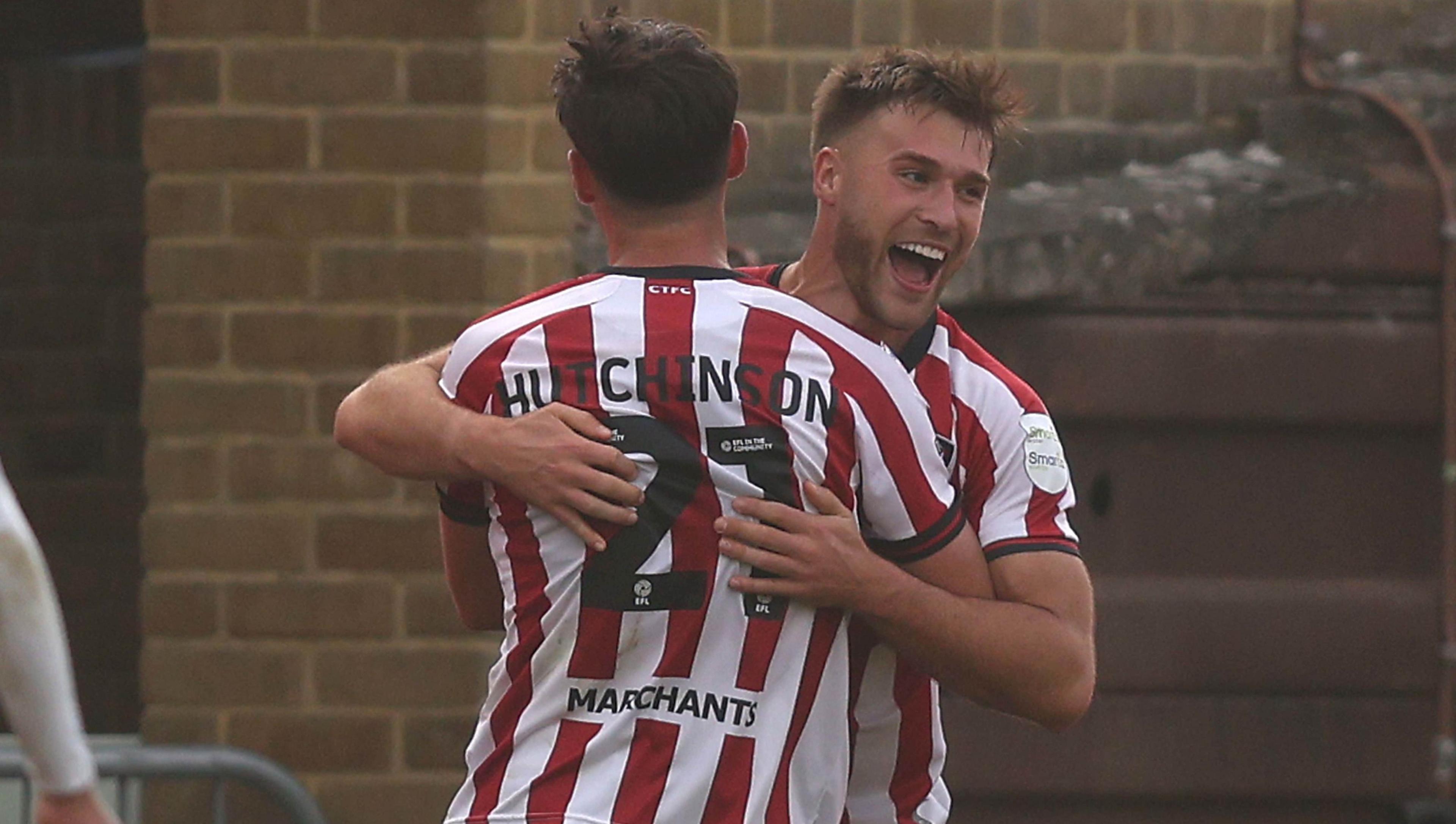 Footballer Sam Sherring celebrates scoring a goal for Cheltenham Town Football Club in EFL League Two at Gillingham