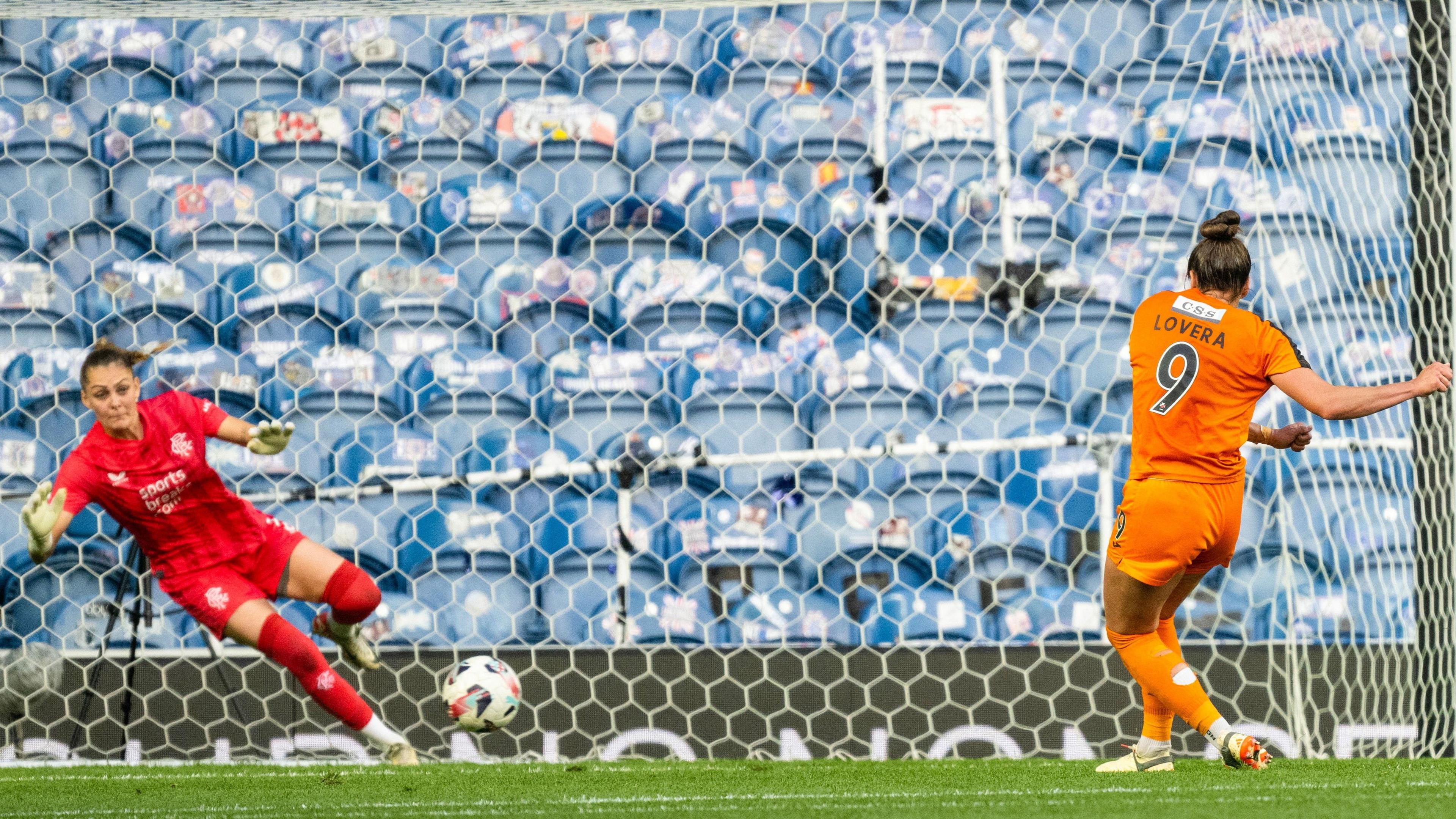 Brenna Lovera scores a penalty for Glasgow City against Rangers