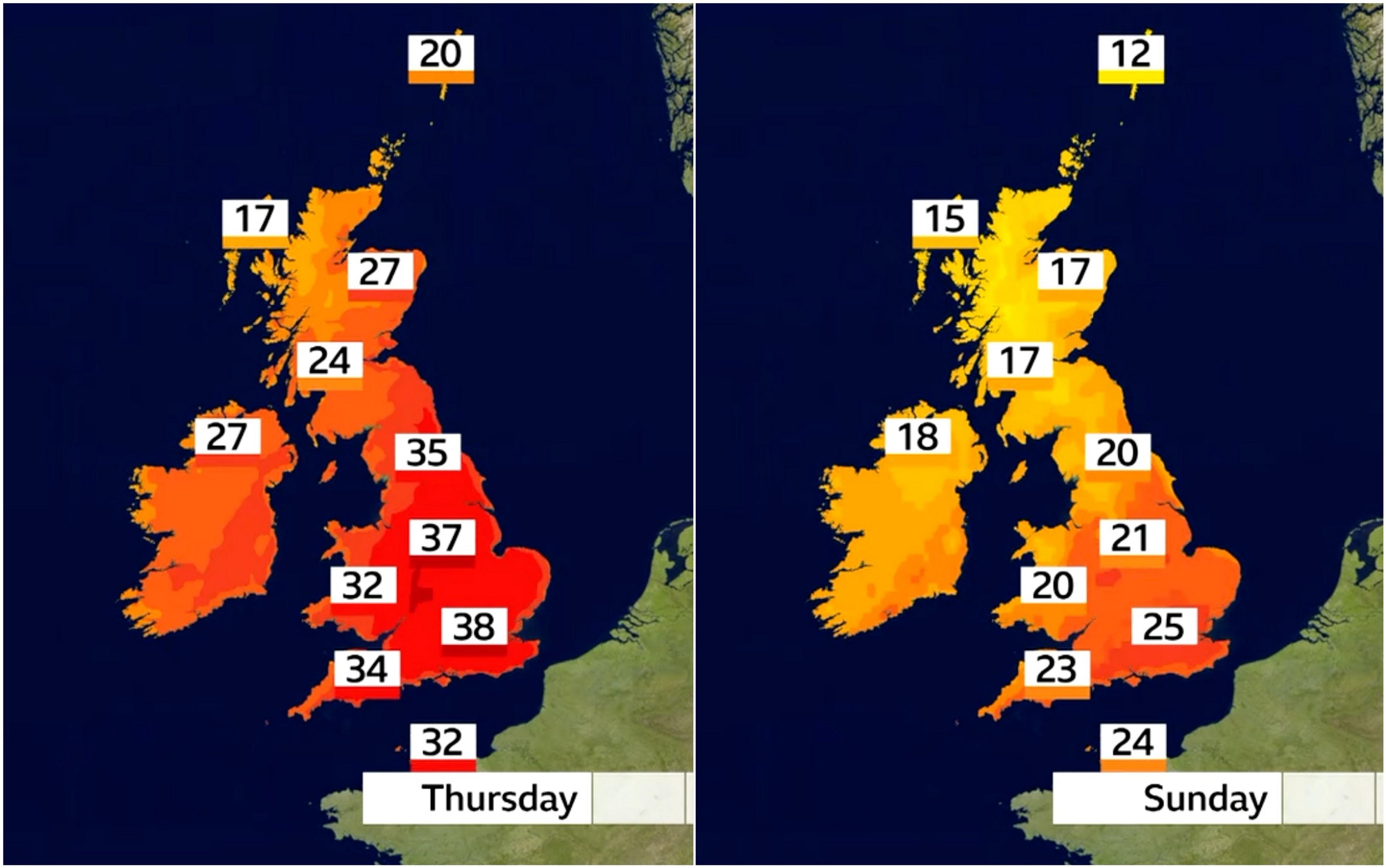 Two UK temperature maps showing the highs on Thursday of 17-38C, compared to those forecast for Sunday of 12-25C