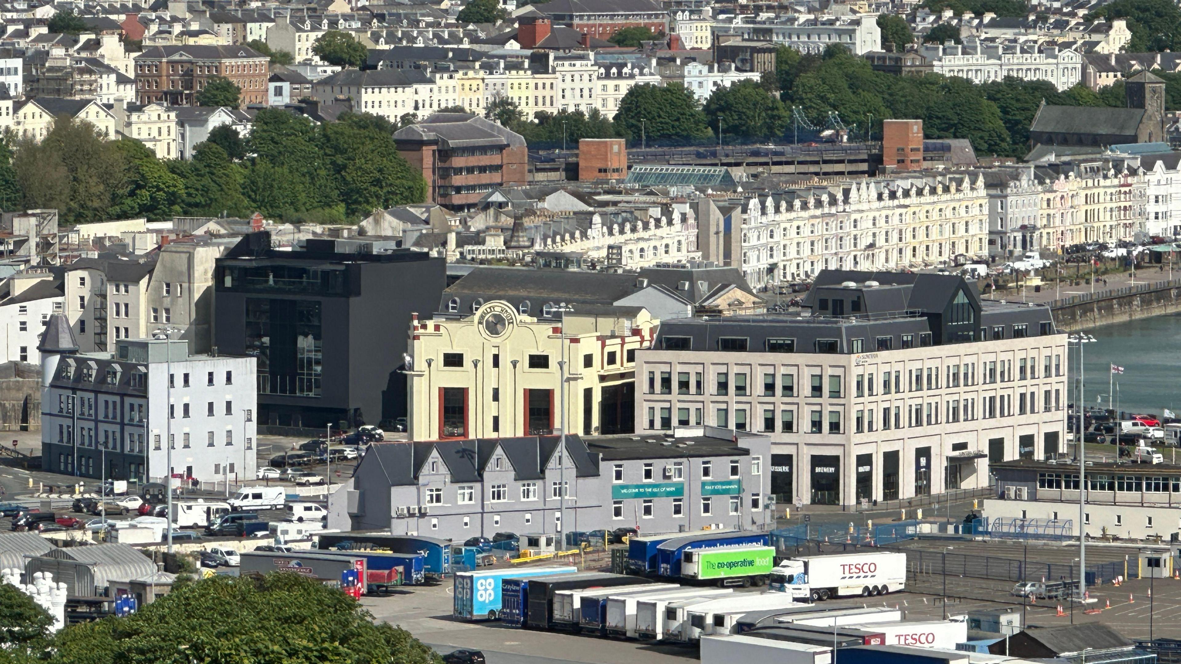 A view of lower Douglas showing Royalty House in cream