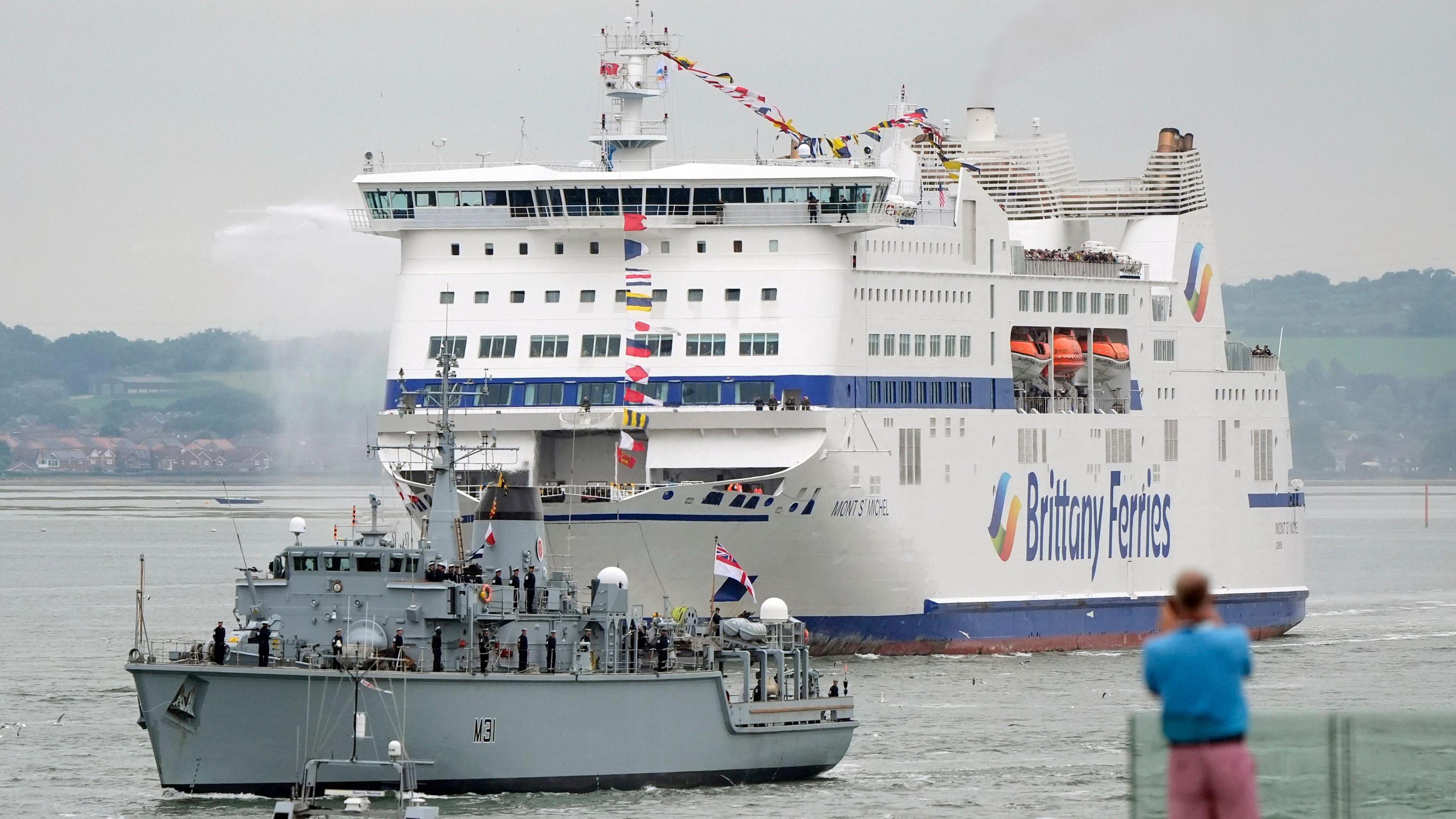 Brittany Ferries ship escorted by HMS Cattistock