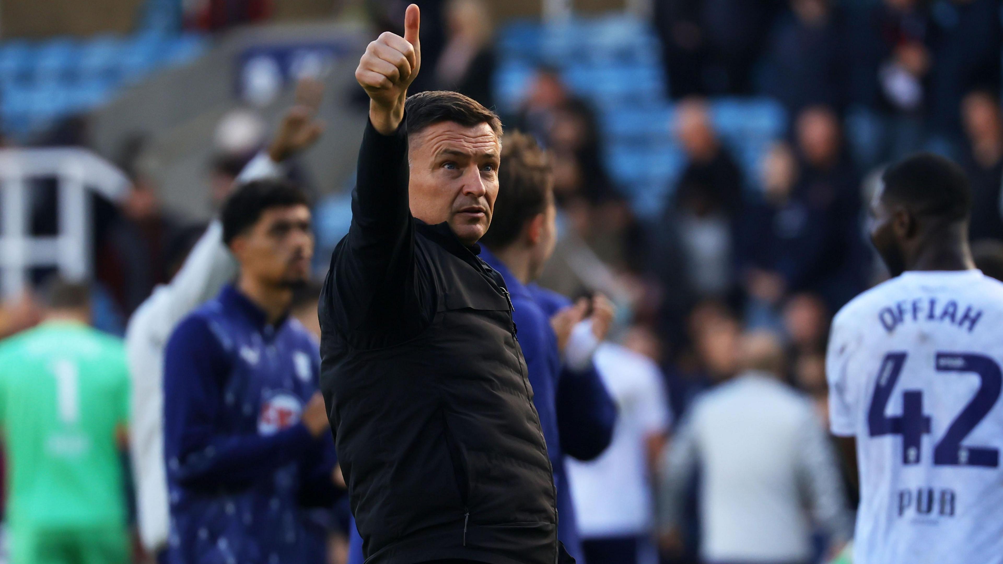 Preston North End manager Paul Heckinbottom puts his thumbs up to the travelling fans after the 1-1 draw at Millwall