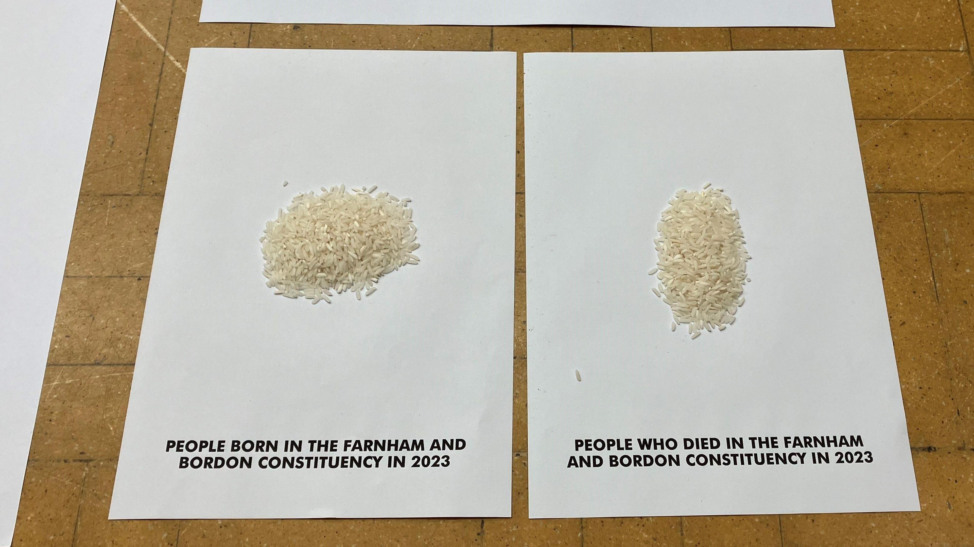 Two small piles of rice on sheets of white A4 paper. The one on the left is labelled "people born in the Farnham and Bordon constituency in 2023" and the one on the right reads "People who died in the Farnham and Bordon constituency in 2023".