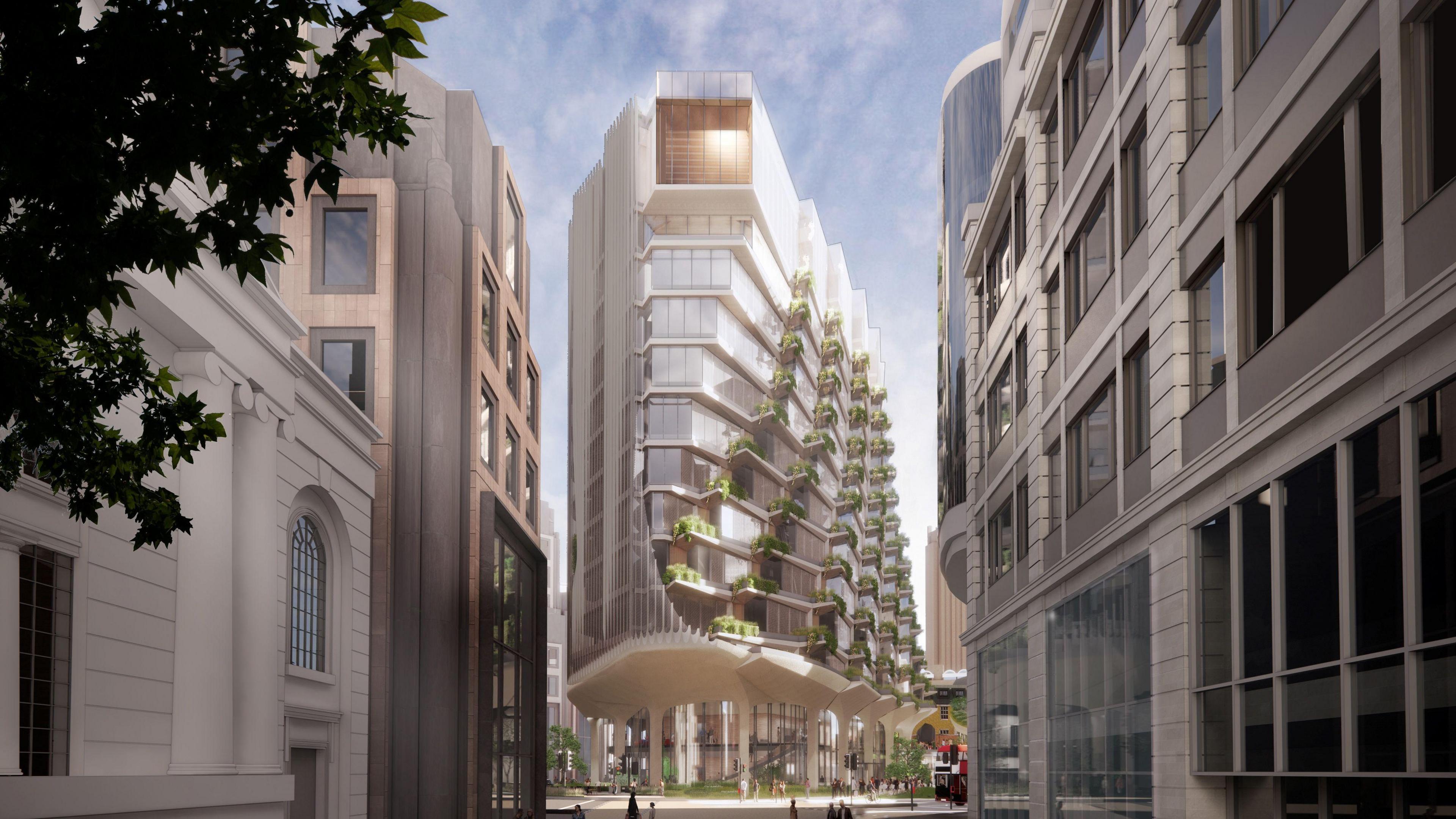 Artist's impressoin of one of the new office buildings. Image shows modern, curved building with greenery on each balcony arranged along the side of the building like a curved staircase.