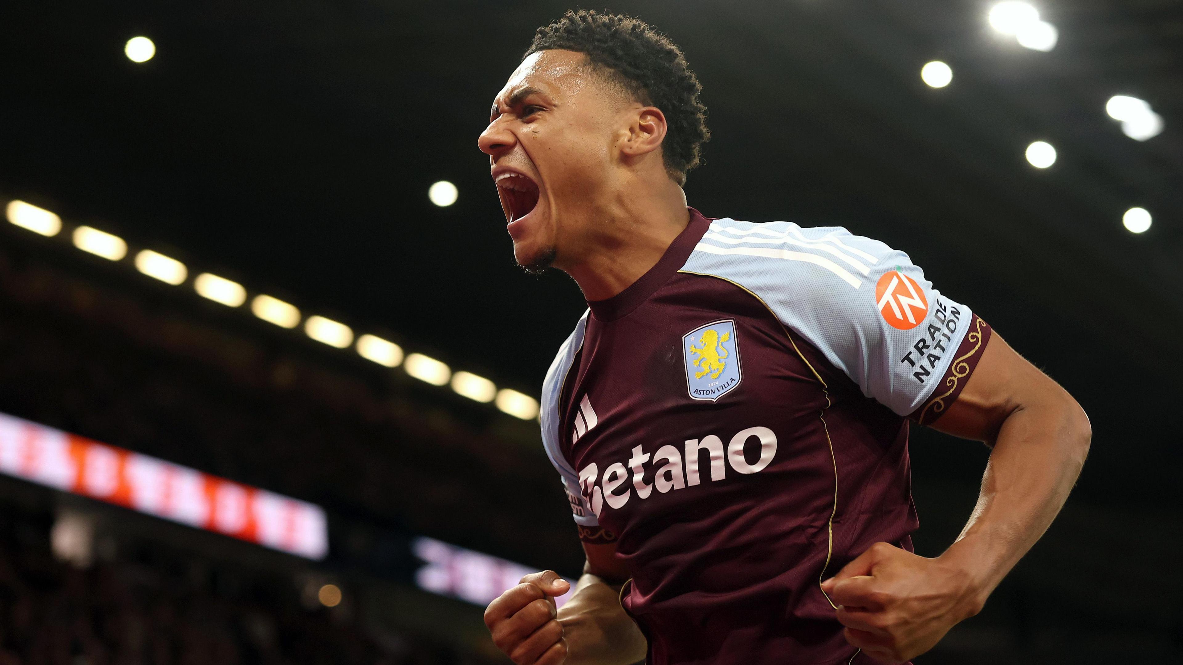 Aston Villa's Ollie Watkins celebrates scoring against Liverpool