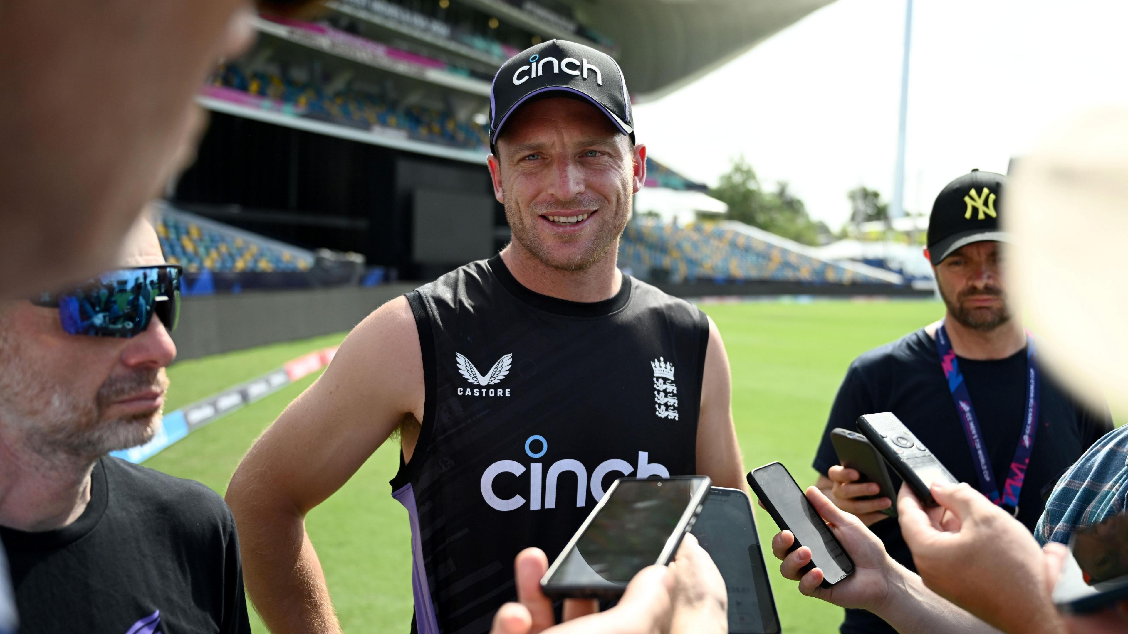 Jos Buttler speaks to the media in Barbados