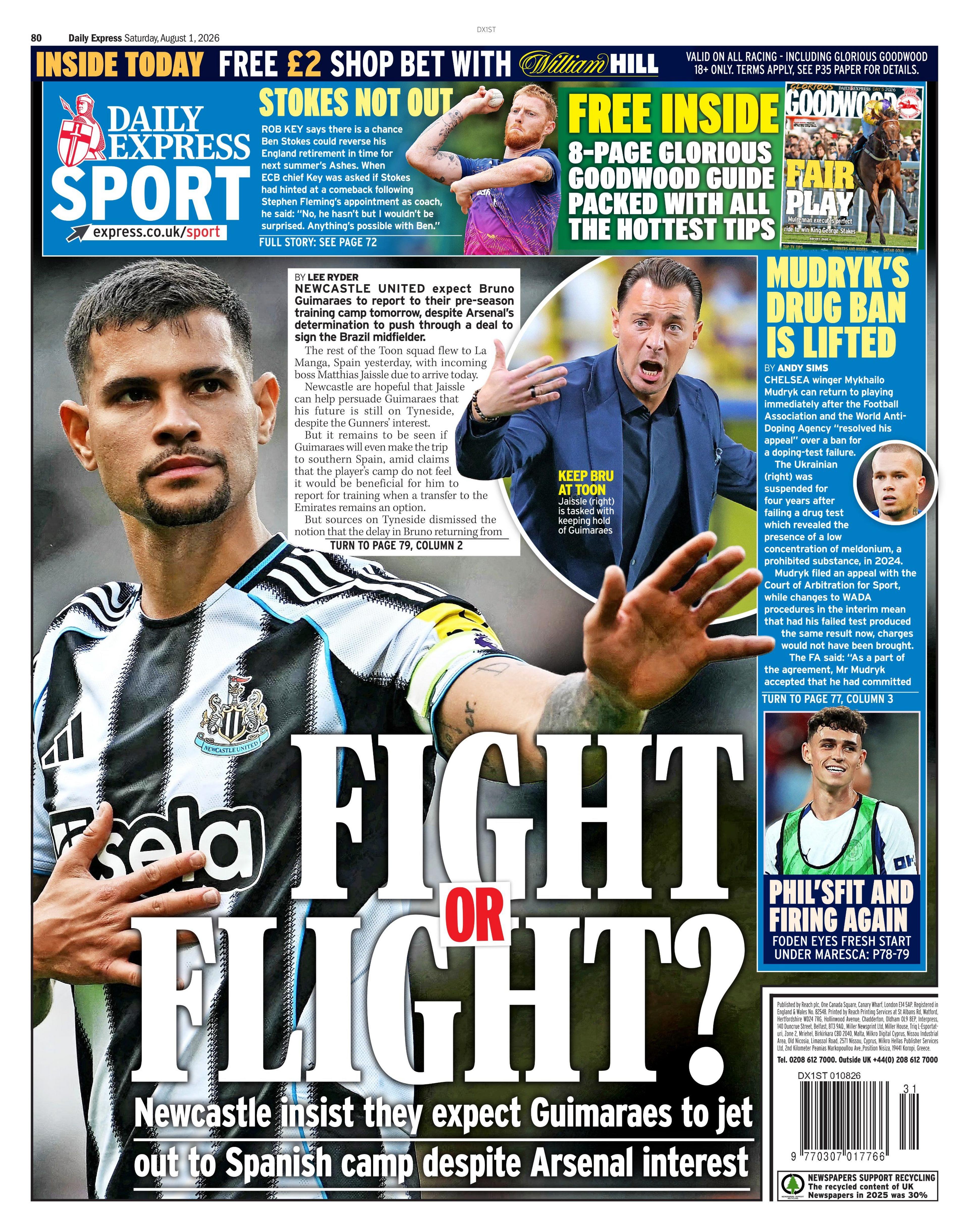 Back page of the Daily Express on 1 August 2026