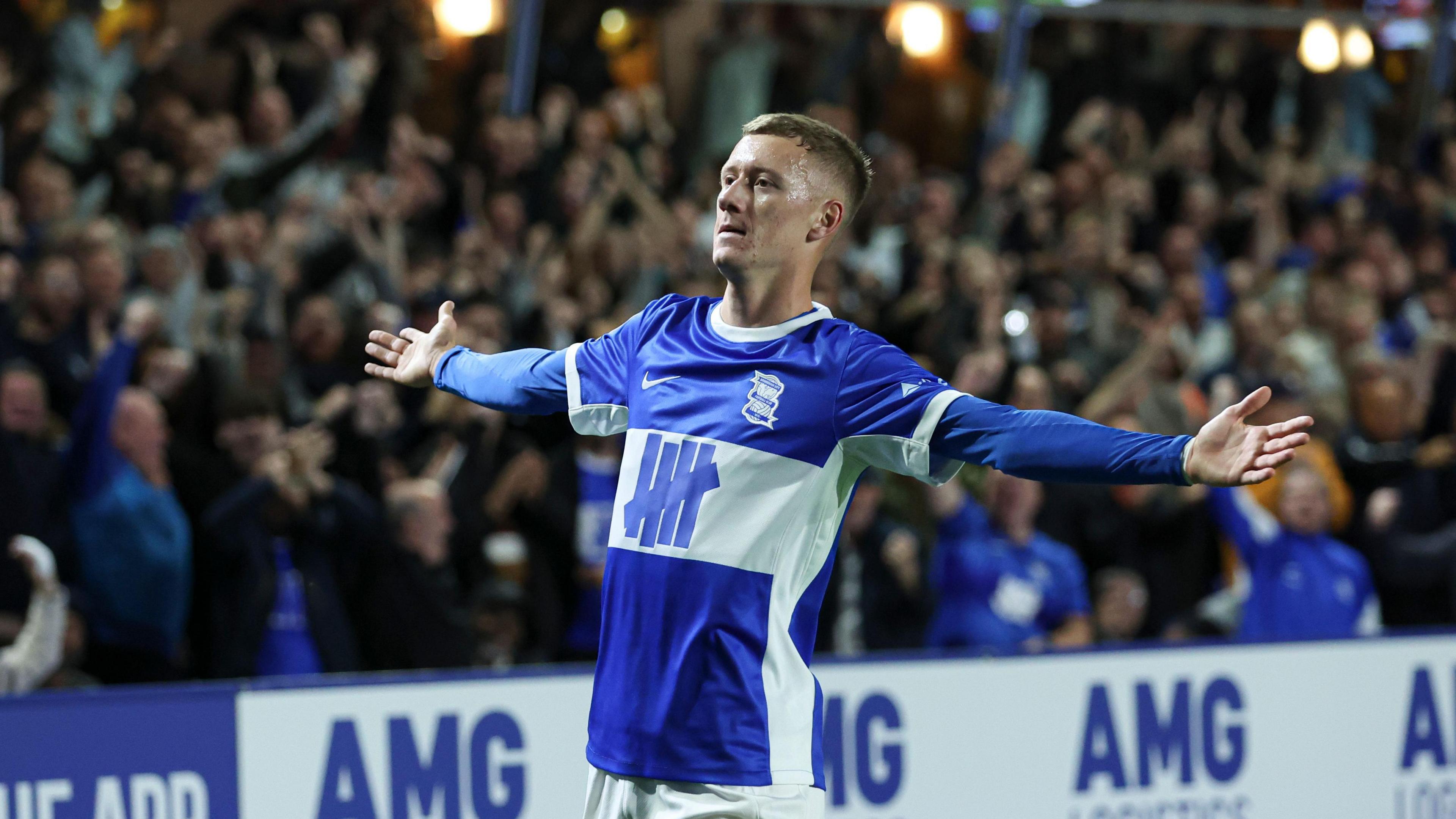 Jay Stansfield celebrates his first Blues goal since re-signing on deadline day for £10m 