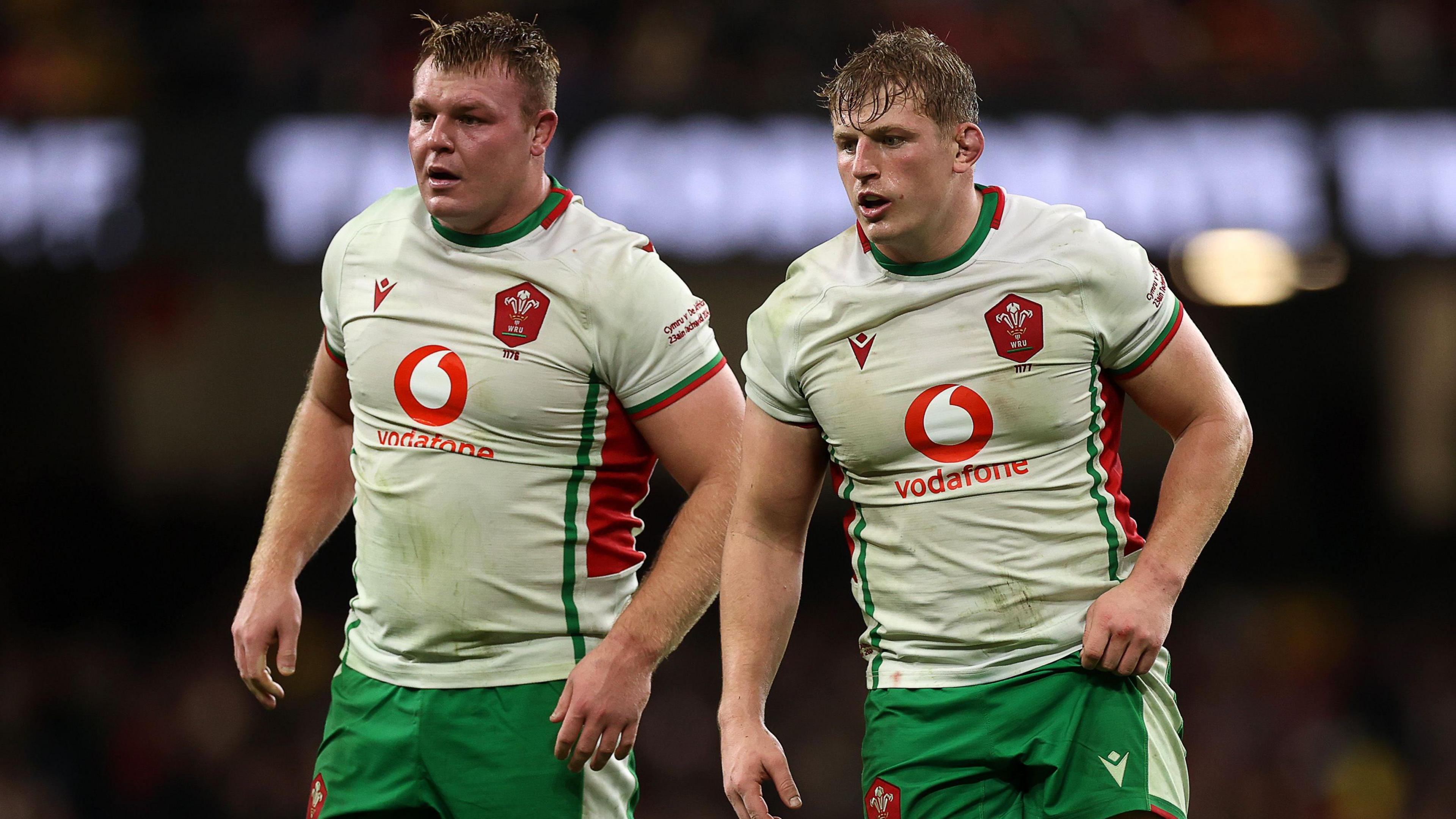 Dewi Lake (left) and Jac Morgan standing on the pitch at the Principality Stadium during Wales' Test match against South Africa in November 2024