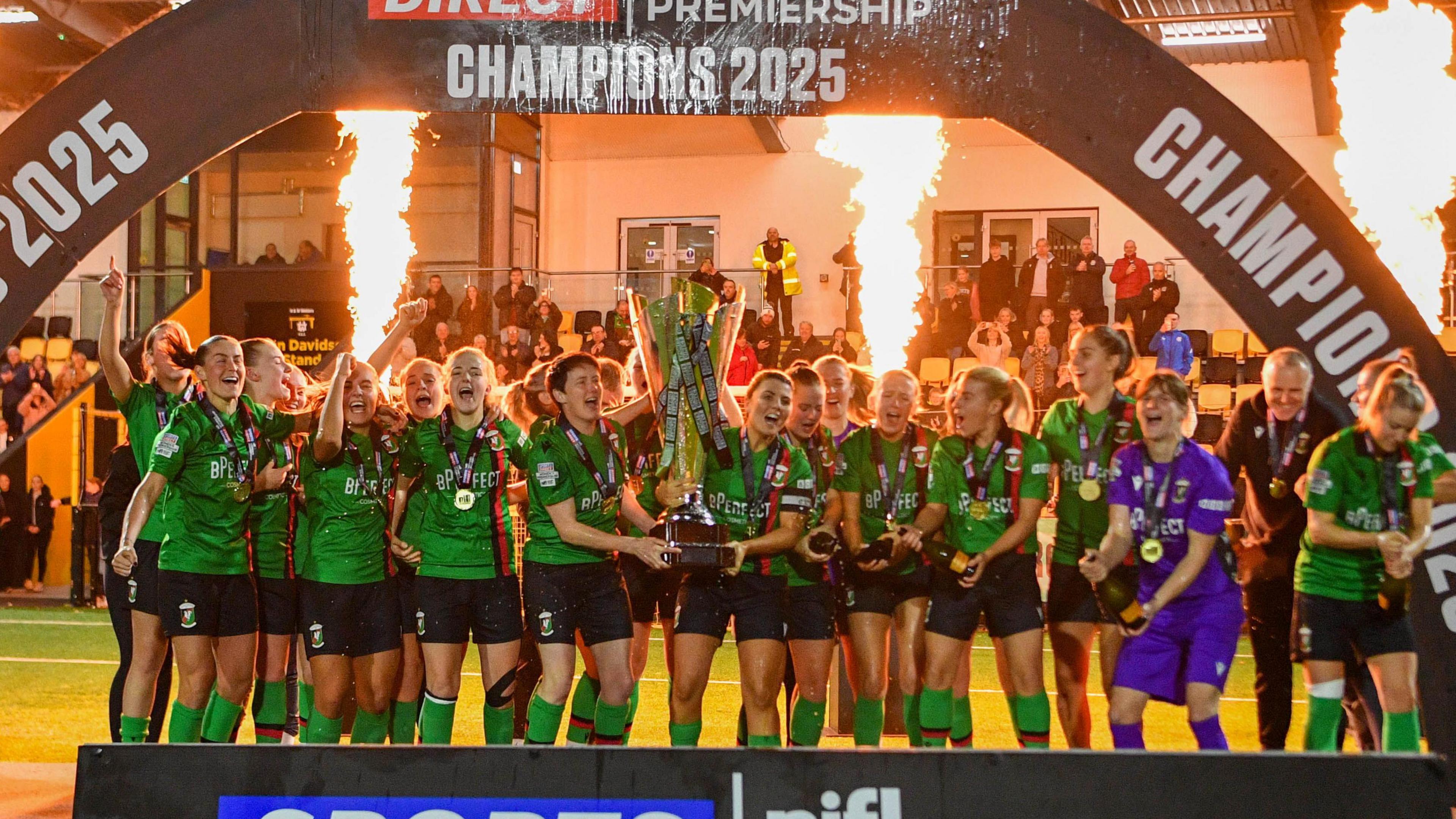 Glentoran women celebrate winning the league