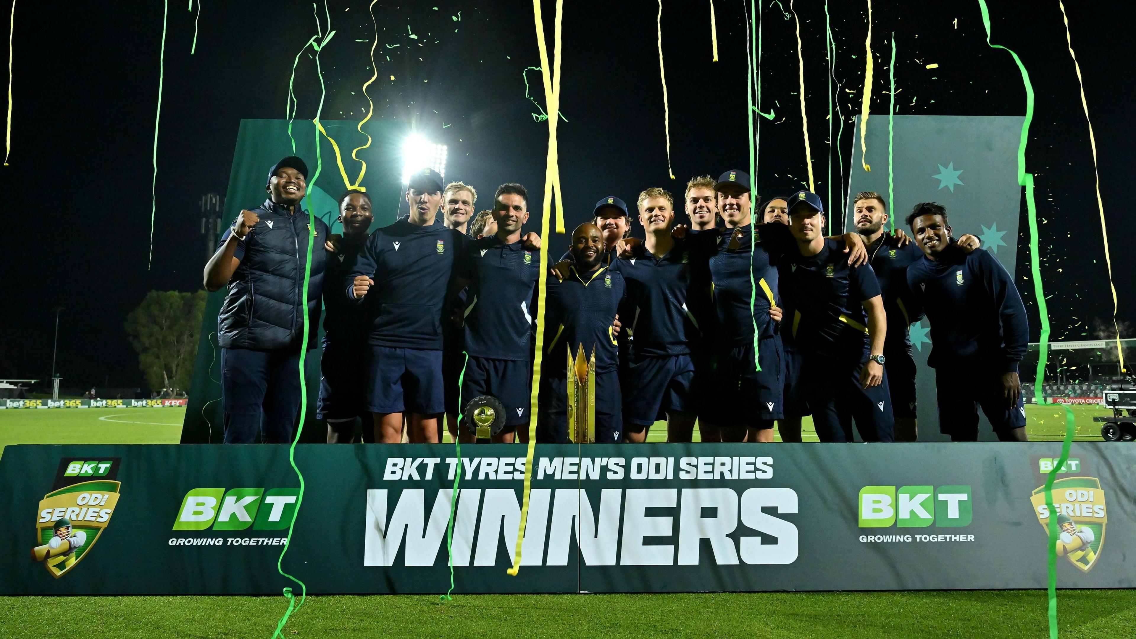 South Africa celebrate with the ODI series trophy
