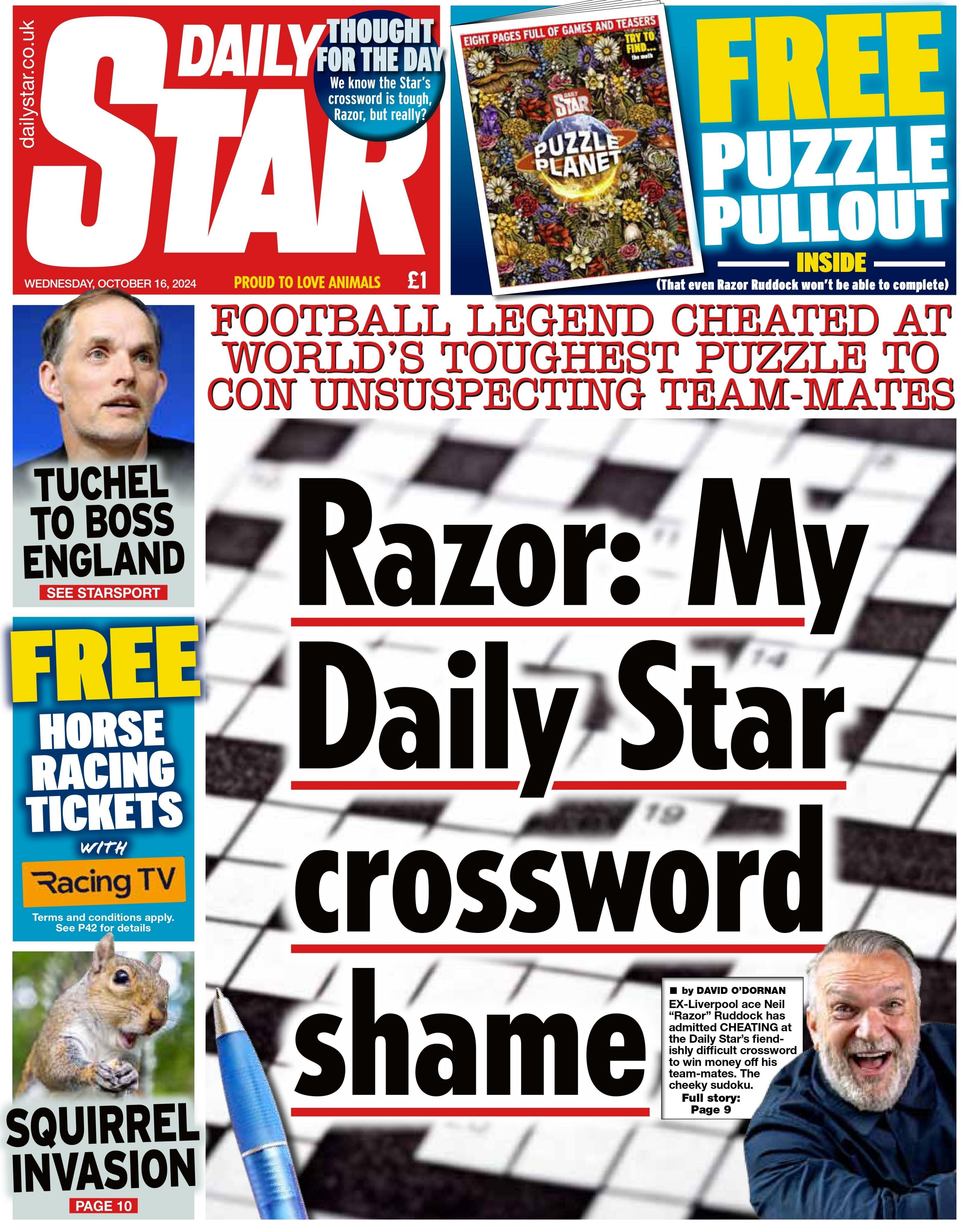 headline "Razor: my daily star crossword shame" on the front of the Daily Star newspaper