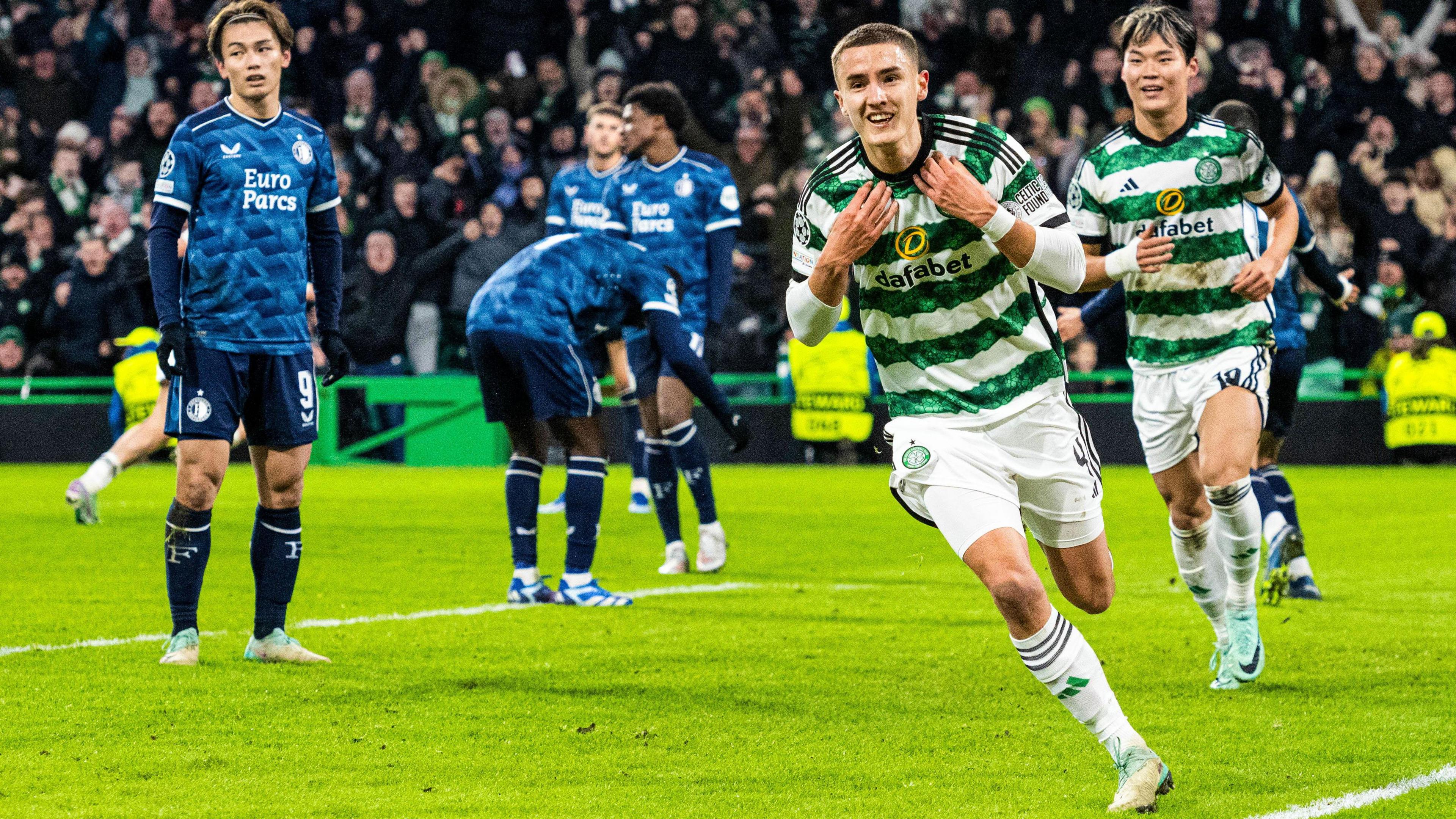 Celtic's Gustaf Lagerbielke celebrates as he scores to make it 2-1 during a Champions League group stage match between Celtic and Feyenoord at Celtic Park