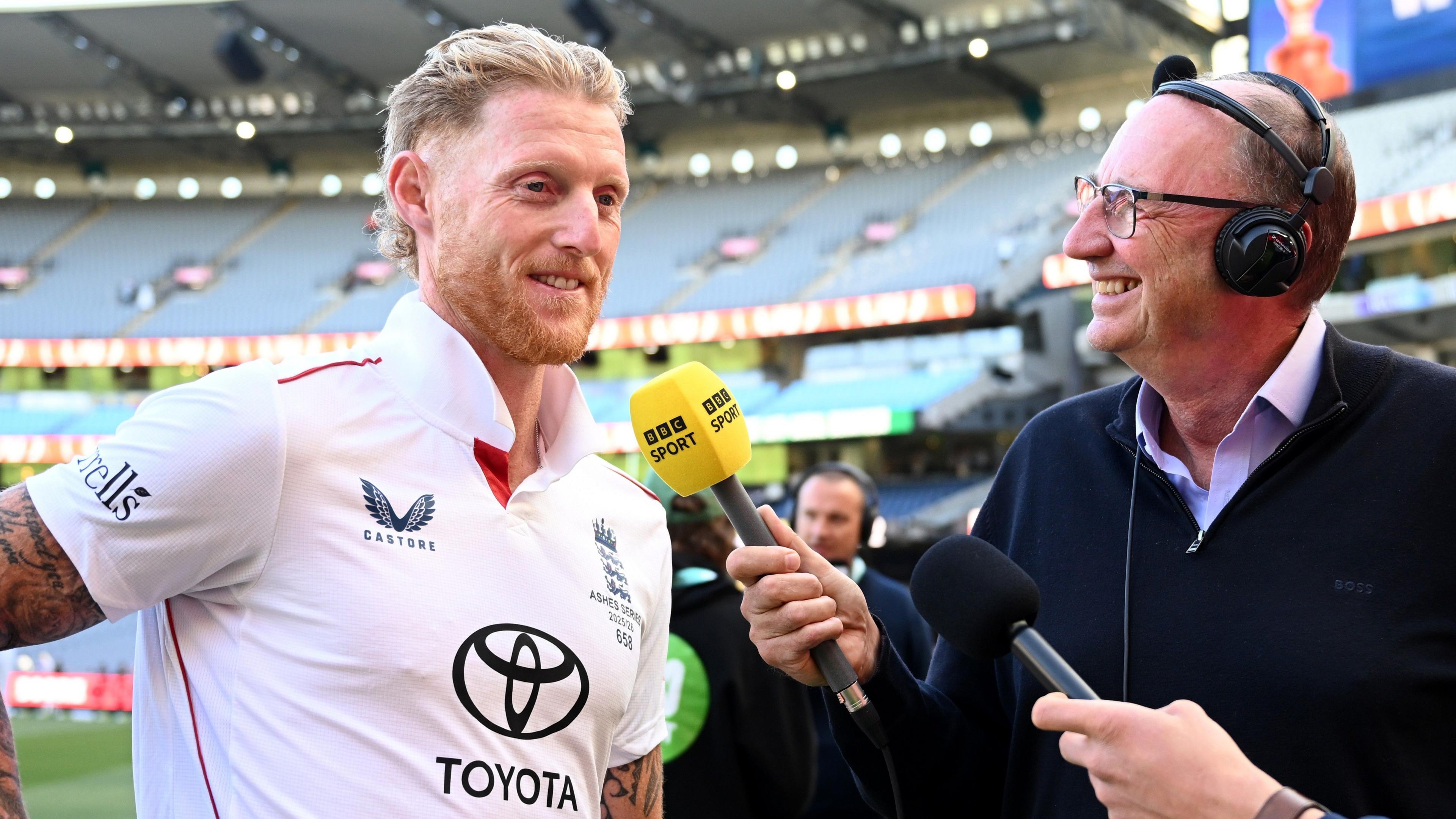 England captain Ben Stokes is interviewed by BBC chief cricket commentator Jonathan Agnew