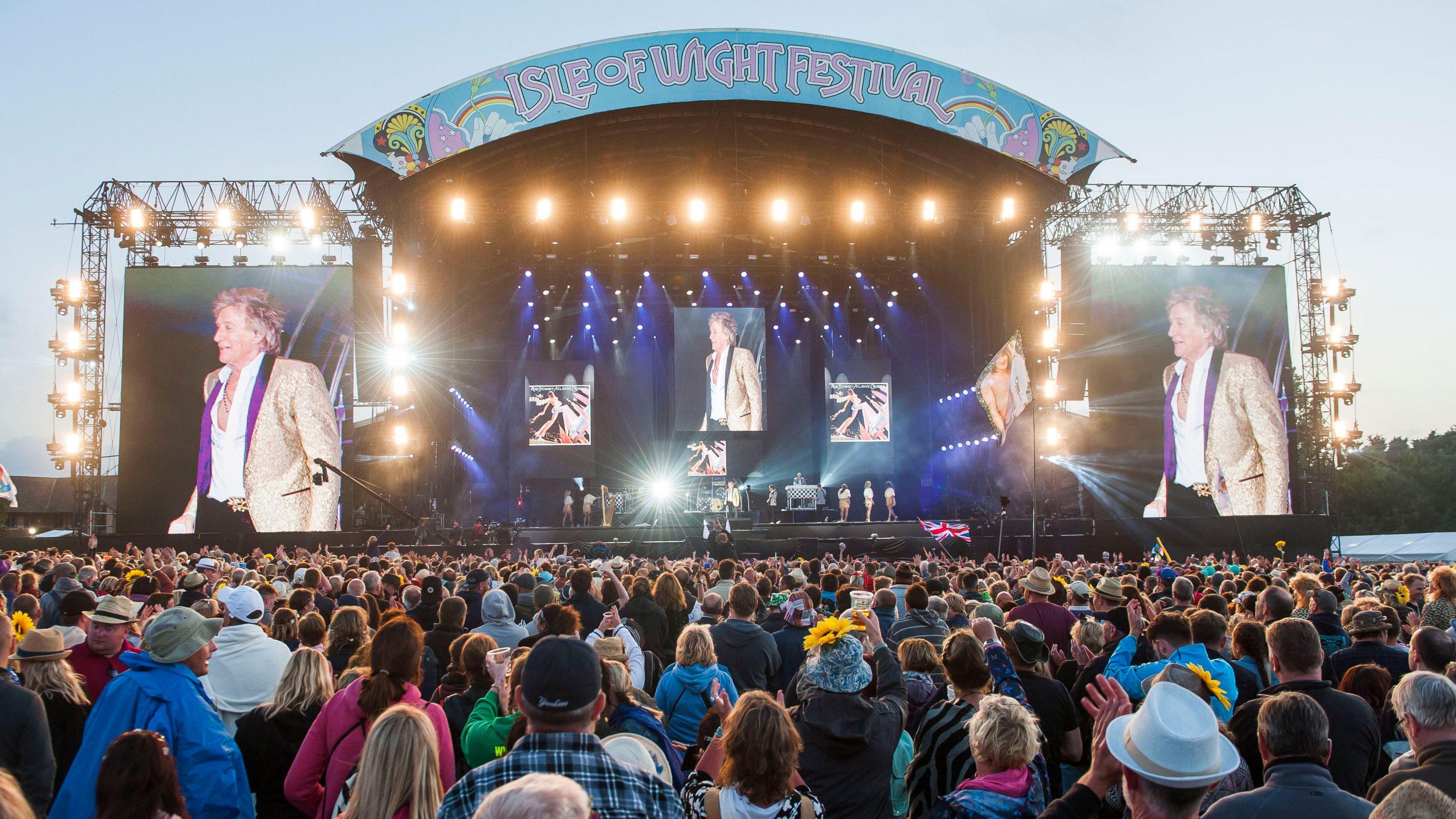 Rod Stewart performing at the Isle of Wight Festival.