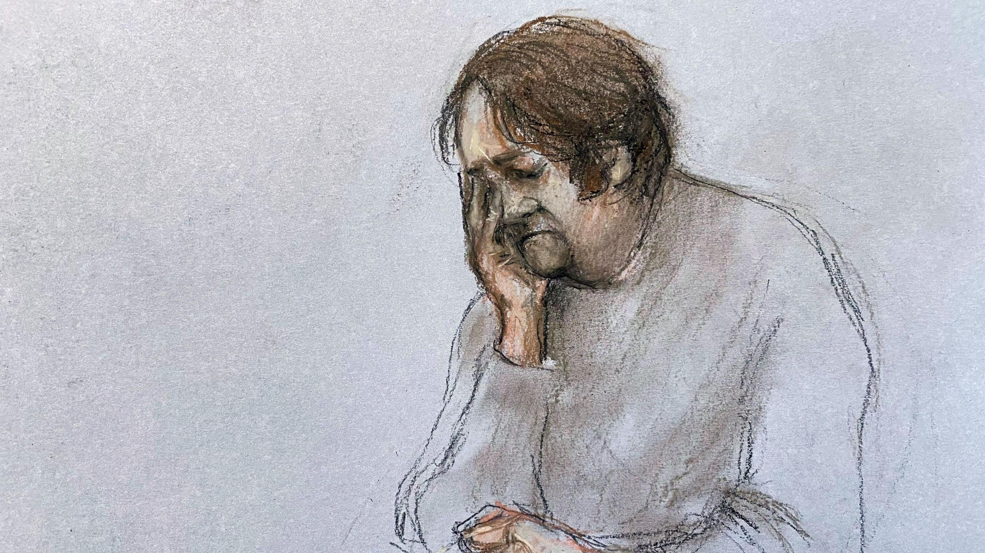 Court artist sketch of surgeon Neil Hopper. He is sitting and has one hand to his face and is holiday his glasses with his other hand.