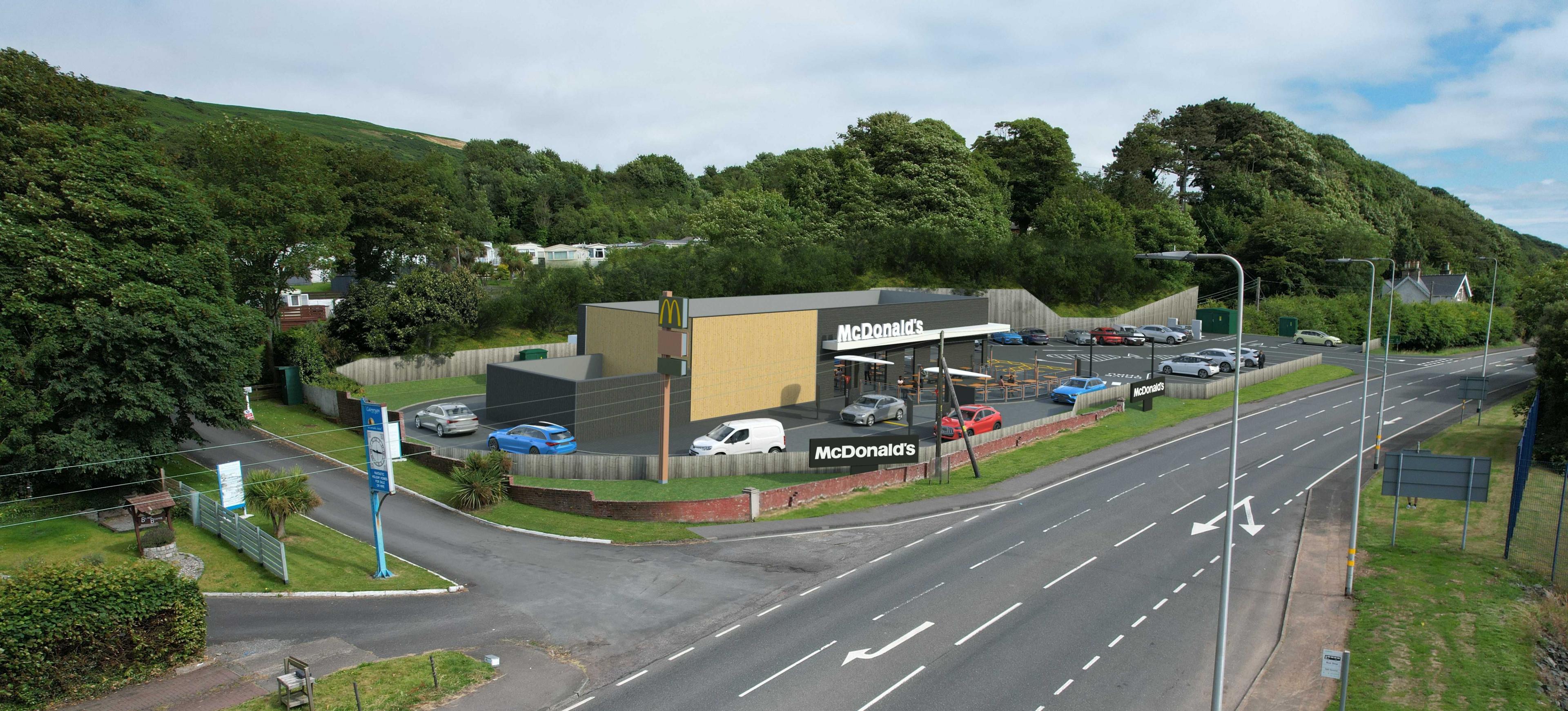 A computer-generated image showing an artist's impression of a McDonald's next to a main road