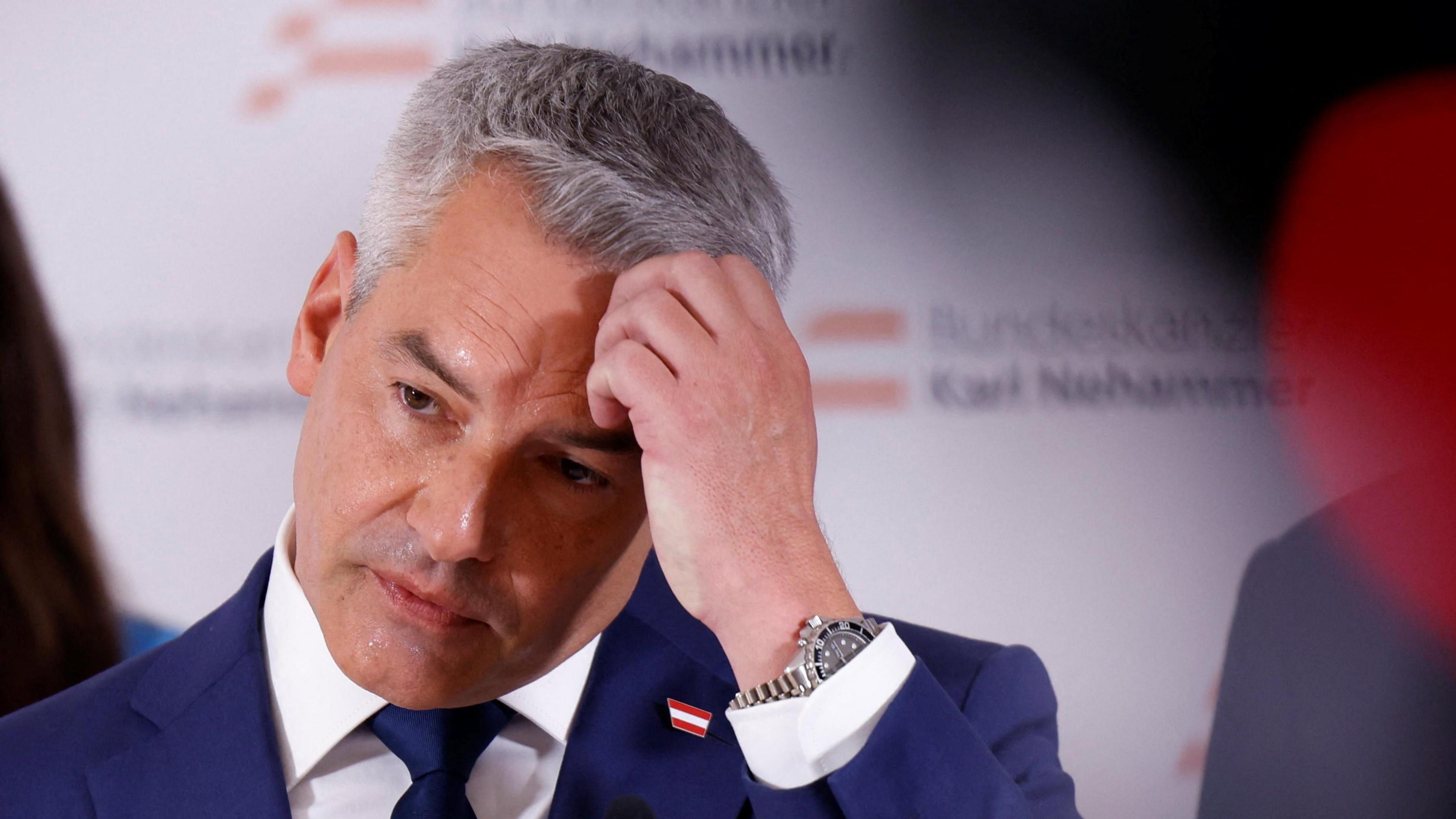 Head of Austrian People's Party (OEVP) and Chancellor Karl Nehammer addresses the media during the election campaign in Vienna, 5 Sep 24