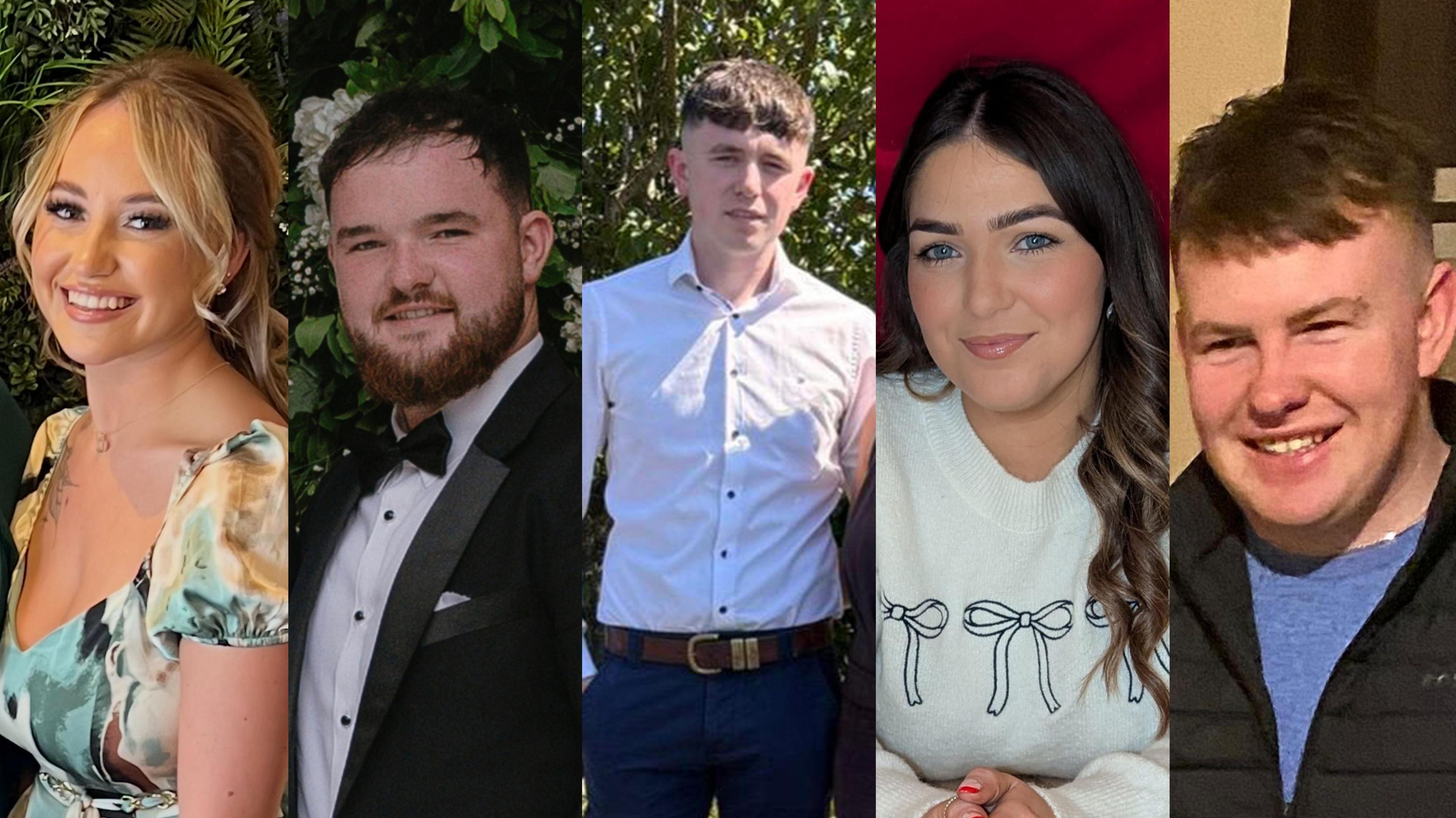 A composite image of five people, From left to right: A blonde woman smiling at the camera, she is wearing a yellow and green dress. A man smiling at the camera with a dark beard and dark hair, he is wearing a black suit with white shirt and black bow tie. A man looking at the camera, he is wearing a white shirt and navy trousers, he has dark hair. A woman with dark hair, looking at the camera, she is wearing a white top. A man smiling he is wearing a blue top and black gilet, he has fair hair.