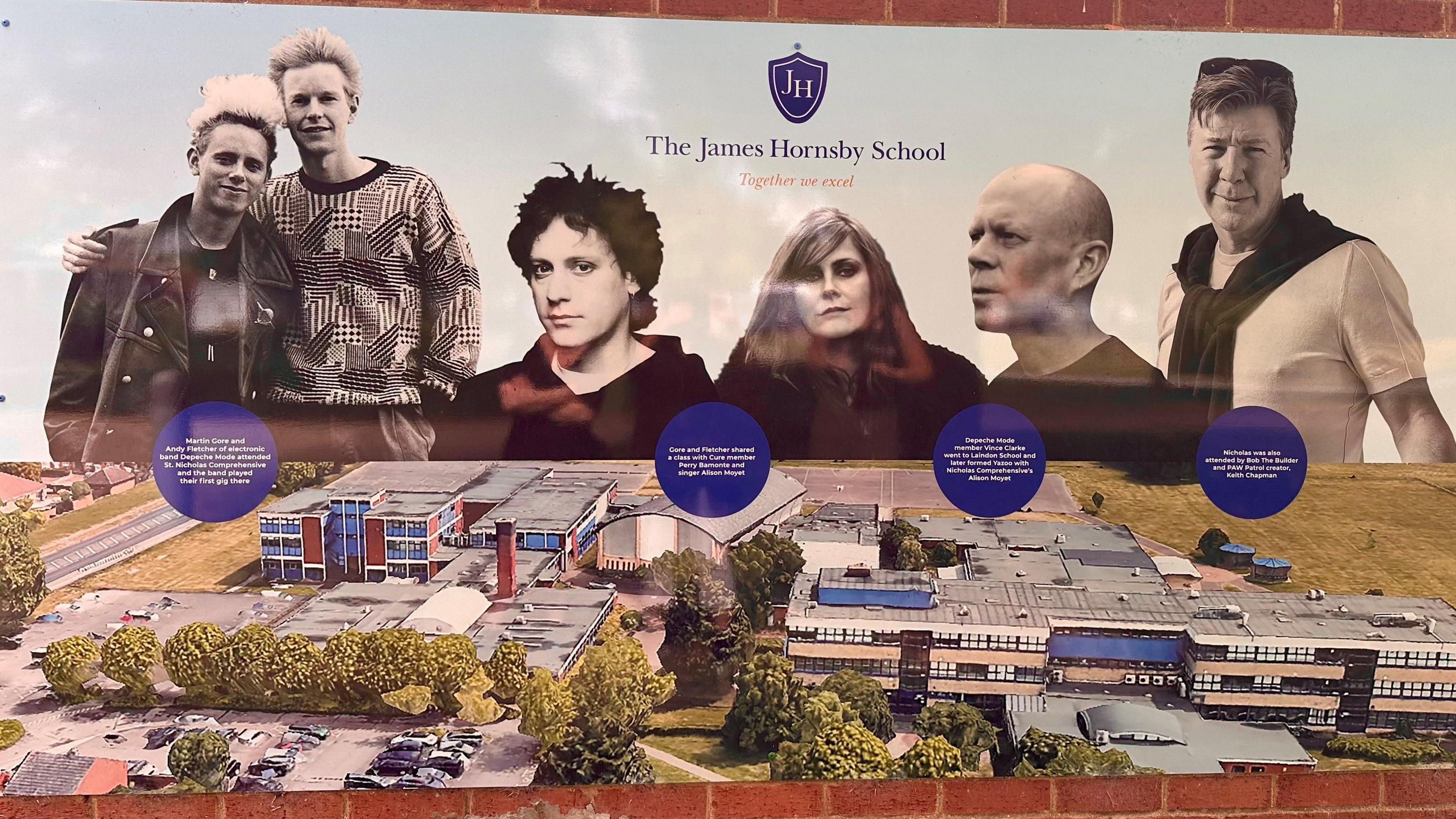 A photo of the infographic board featuring photos and circles of short information about James Hornsby School's famous alumni. The school, with flat roofs, is built in blocks and sprawls over a significantly-sized site.