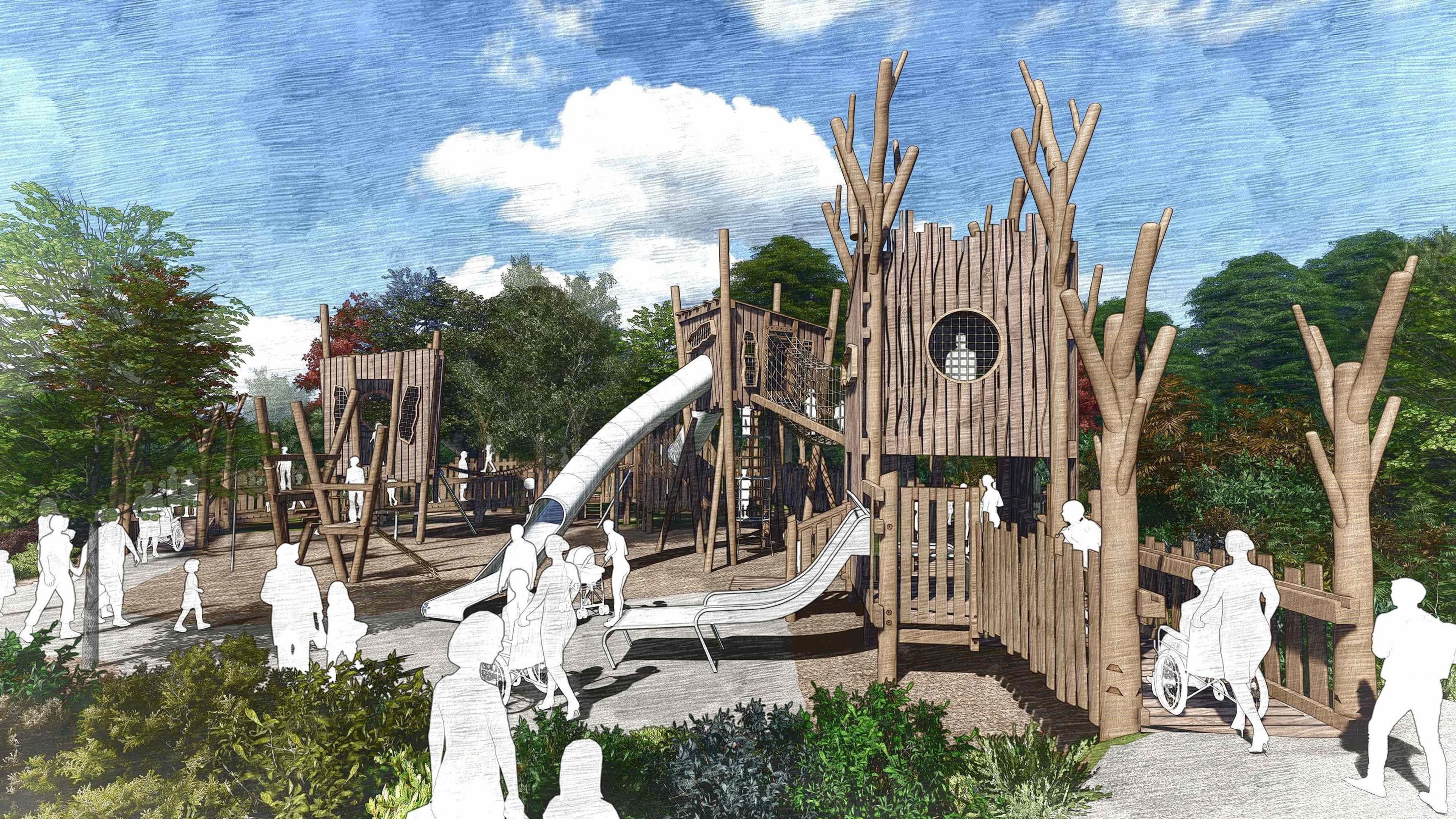 An artist's impression of a multiple-level tree house with slides.