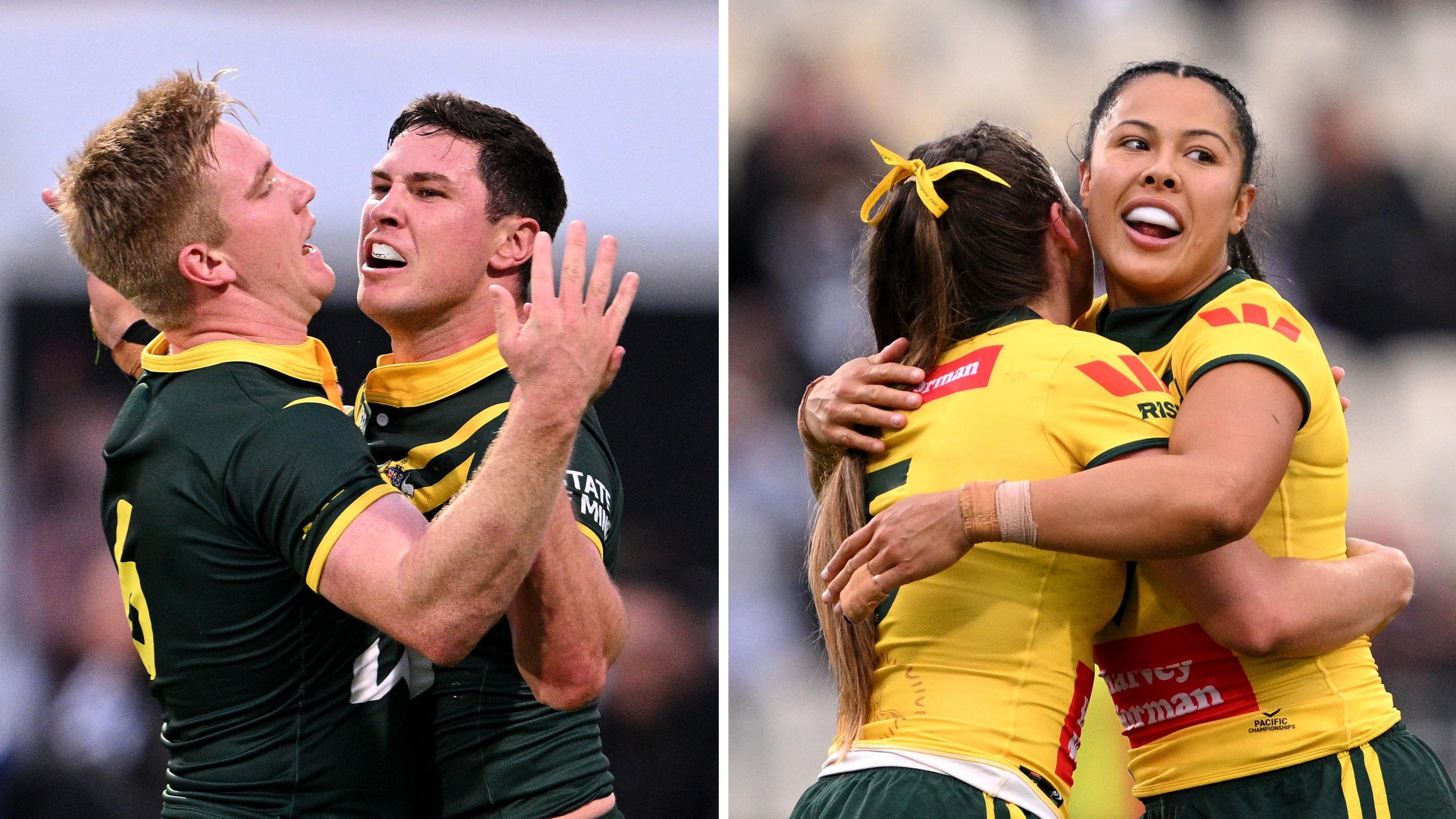 Mitch Moses and Tiana Penitani celebrate tries