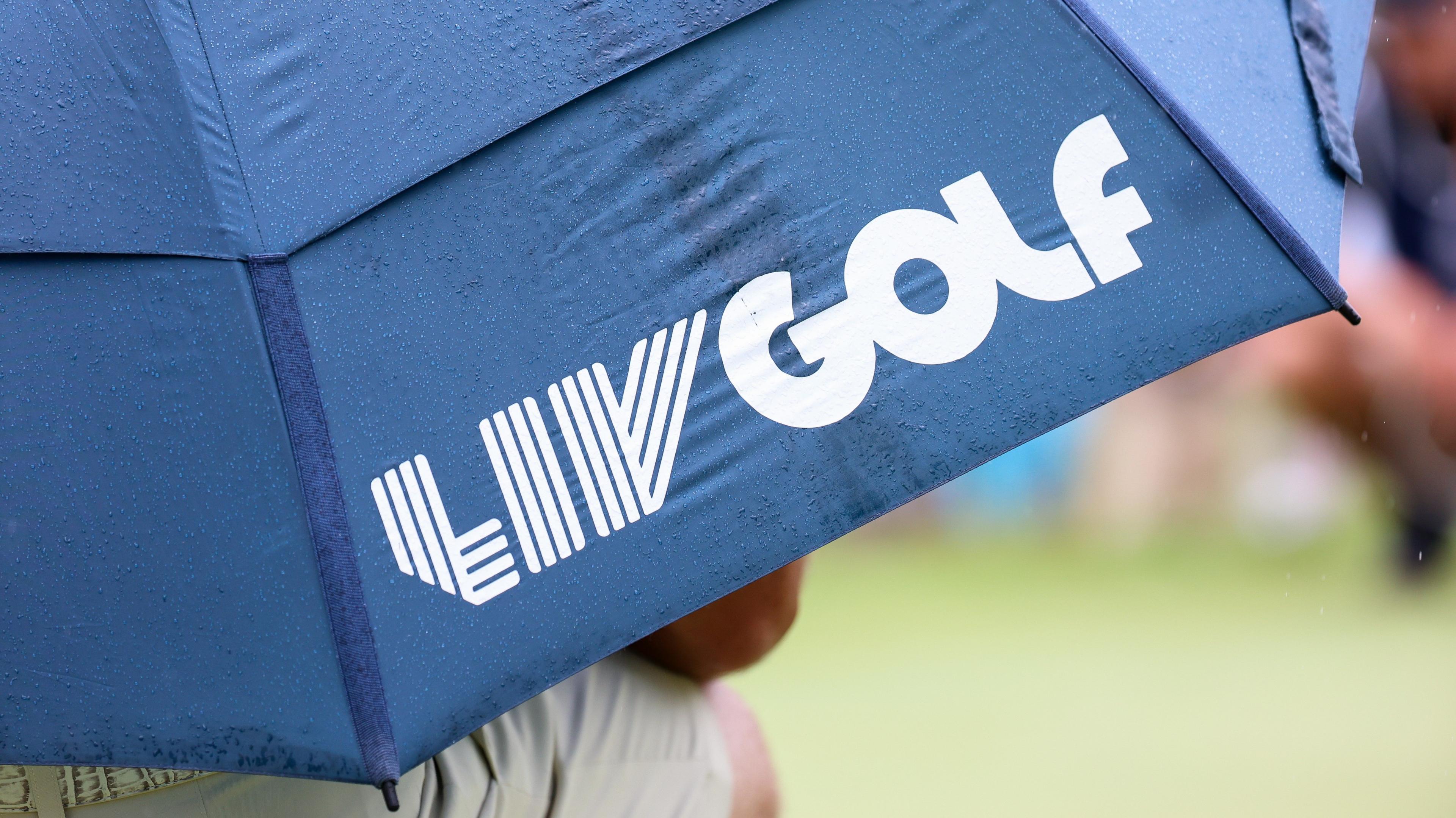 An umbrella with the LIV Golf logo on at a recent LIV event