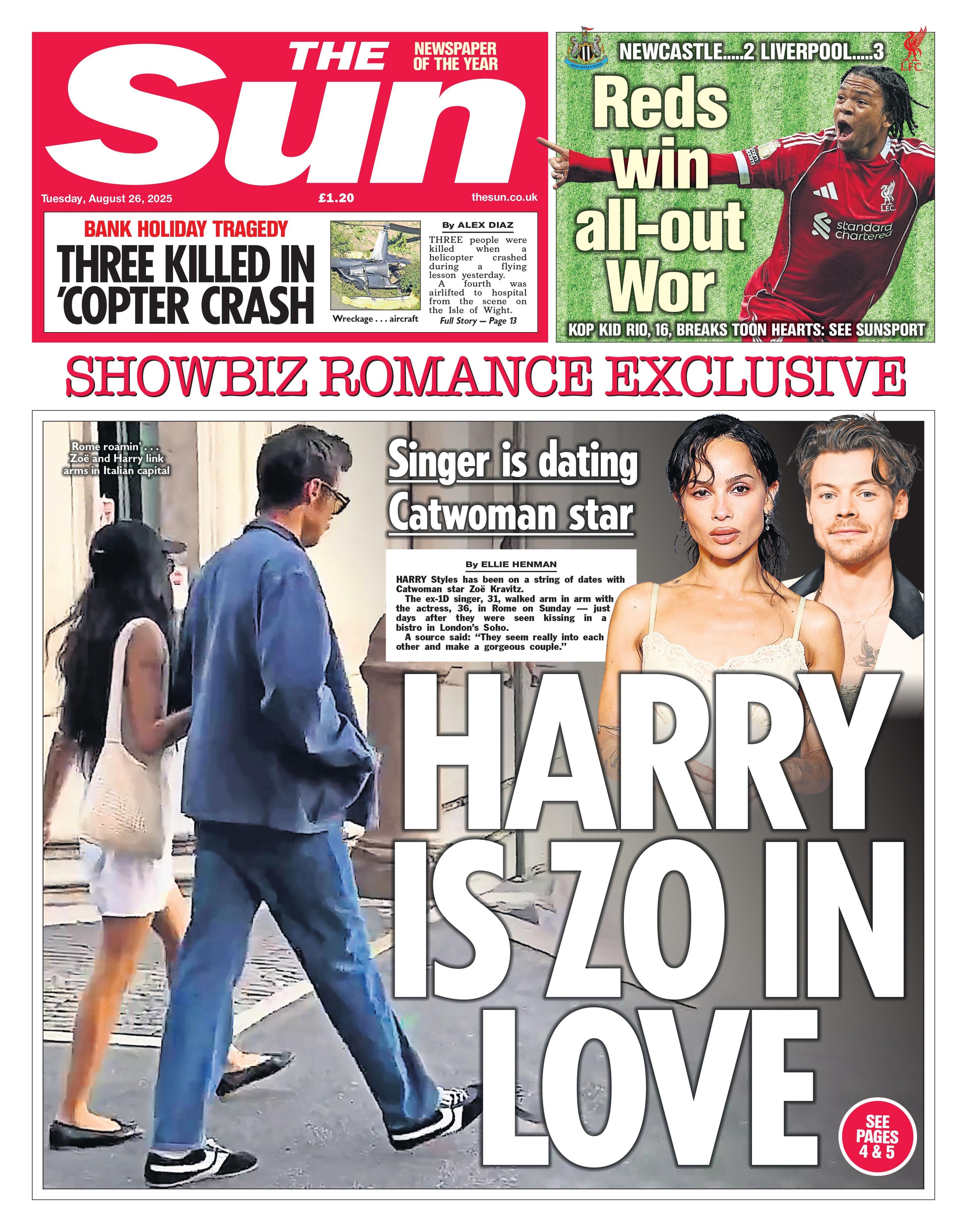 The headline on the front page of the Sun reads: "Harry is Zo in love".