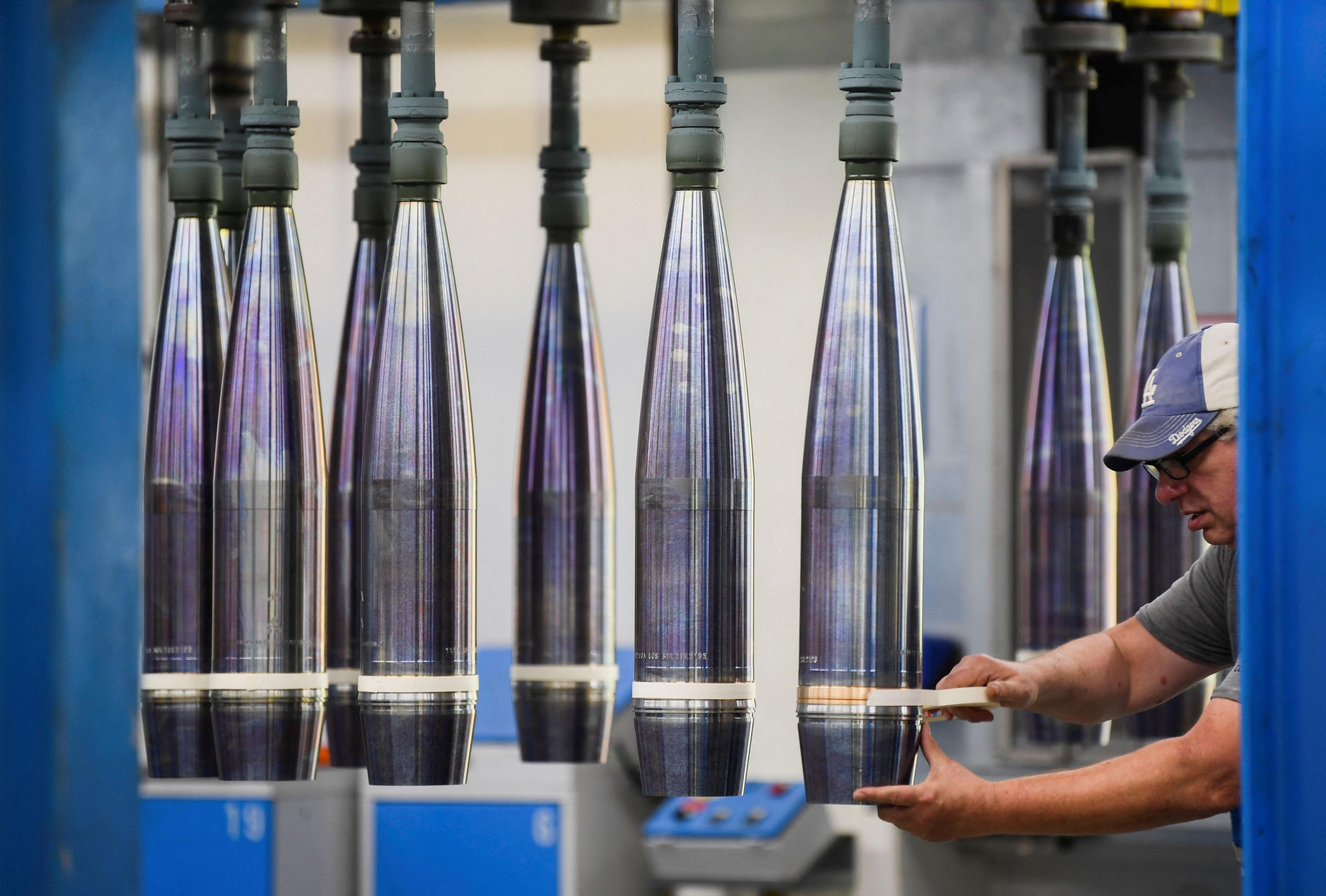 A production line for 155mm artillery shells at the Rheinmetall plant in Unterluess