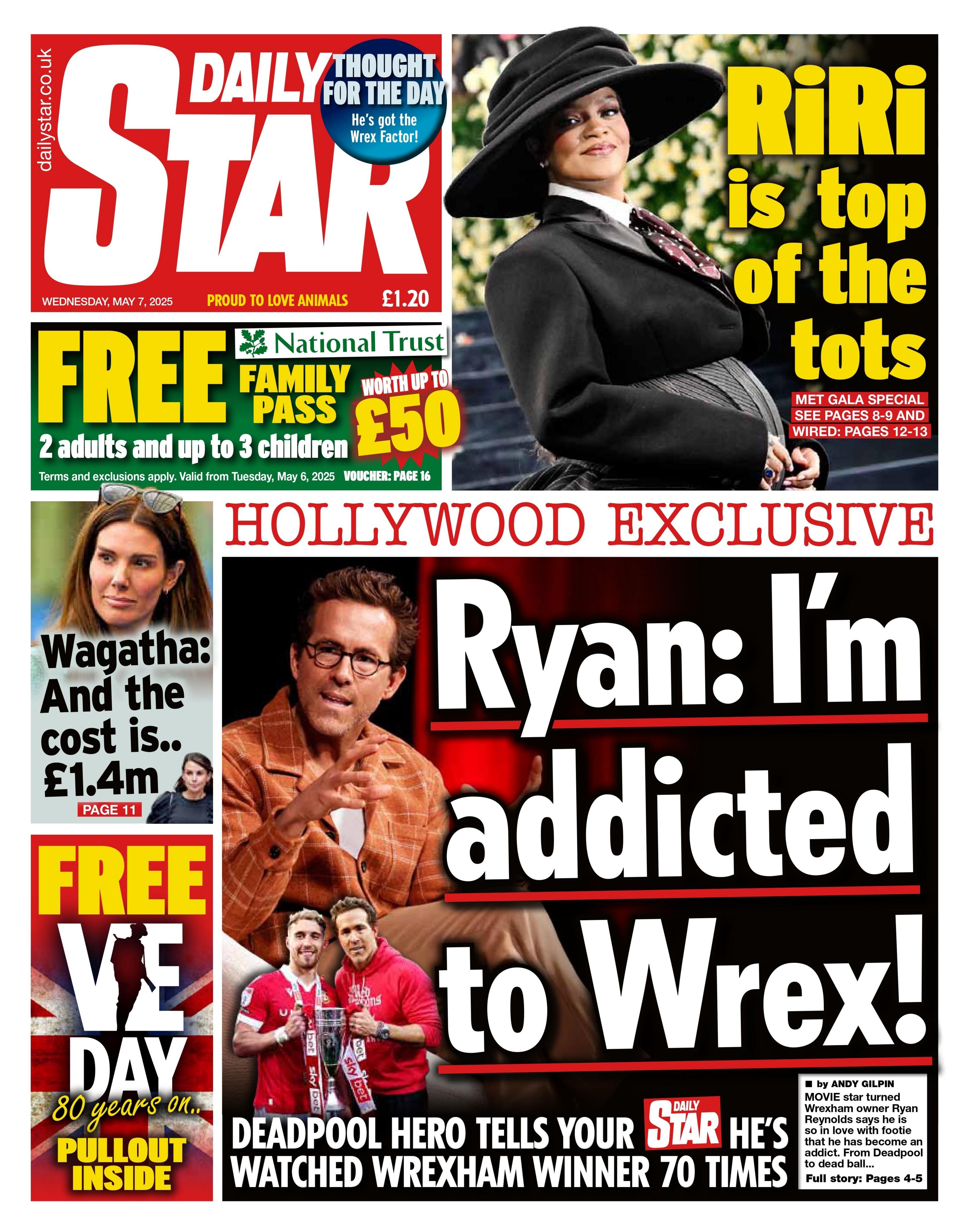 The headline on the front page of the Daily Star reads: "Ryan: I'm addicted to Wrex!"