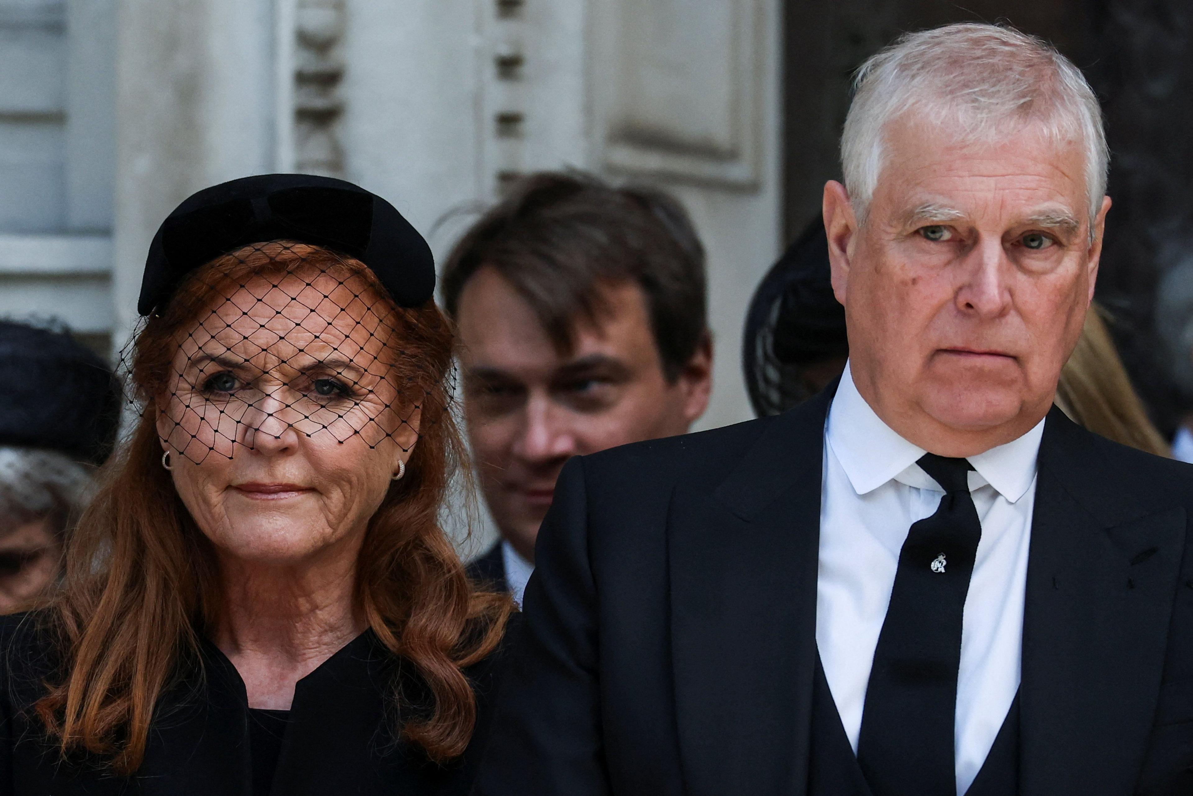 Sarah Ferguson and Prince Andrew at the funeral of the Duchess of Kent