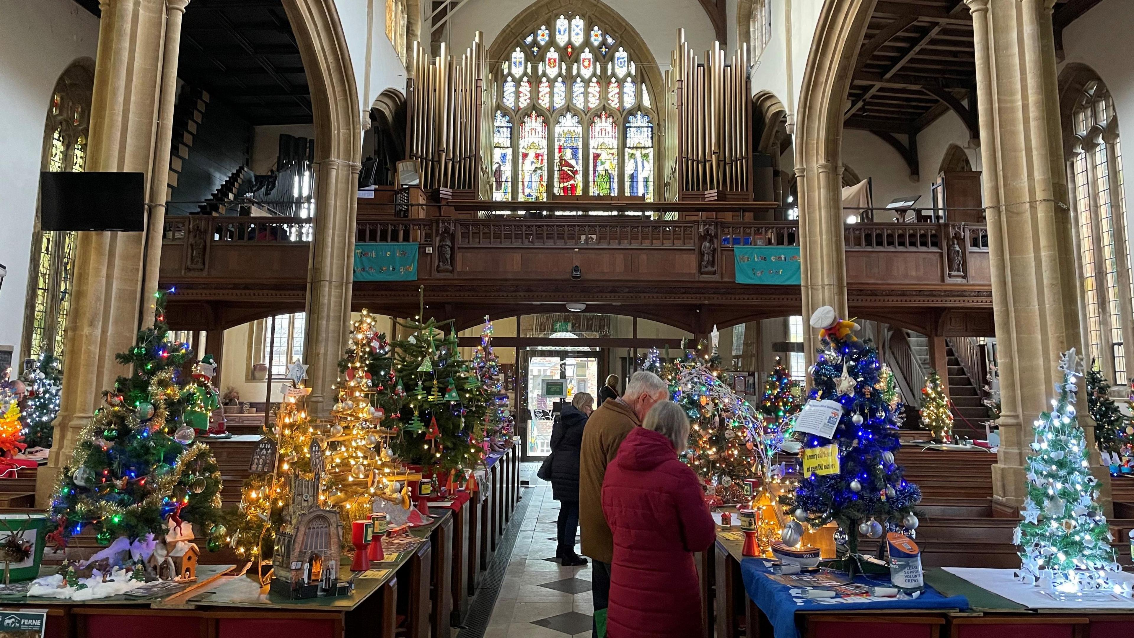 People looking at Christmas tree 