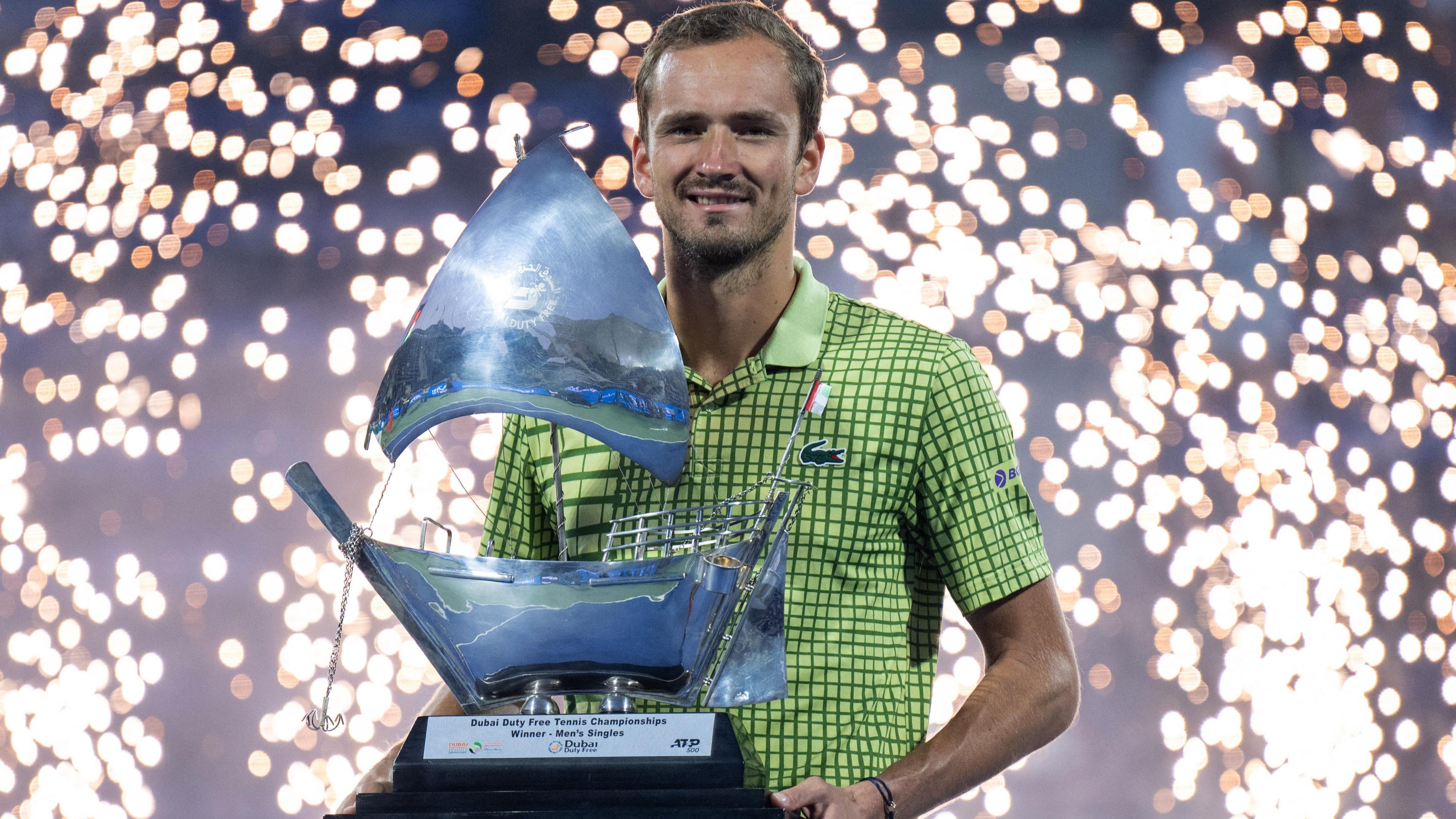 Daniil Medvedev with the Dubai Tennis Championships trophy