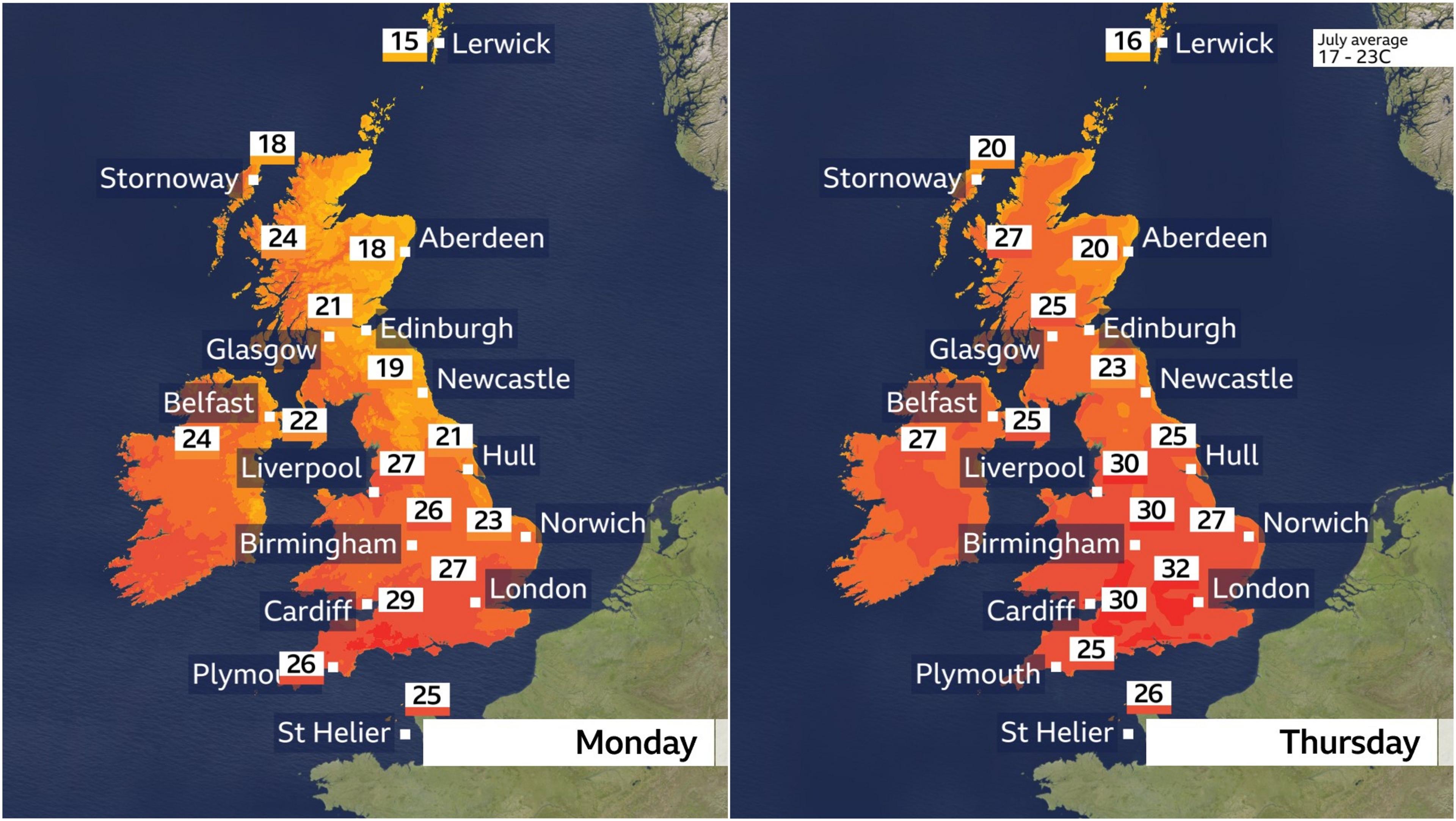 UK Temperature maps showing 18 to 29C on Monday and 20 to 32C on Thursday
