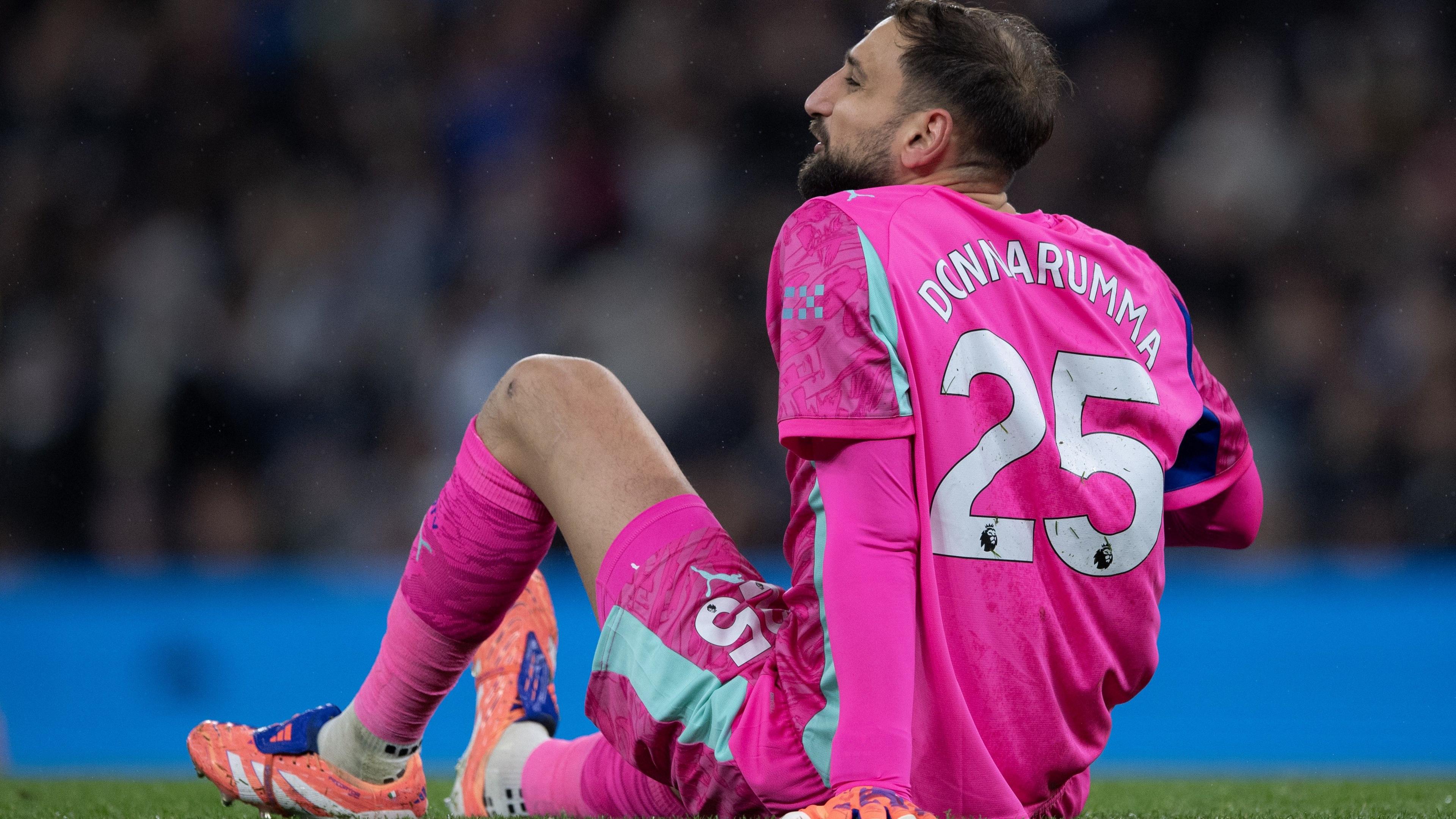 Manchester City goalkeeper Gianluigi Donnarumma sitting on the floor during their Premier League game against Leeds United in November